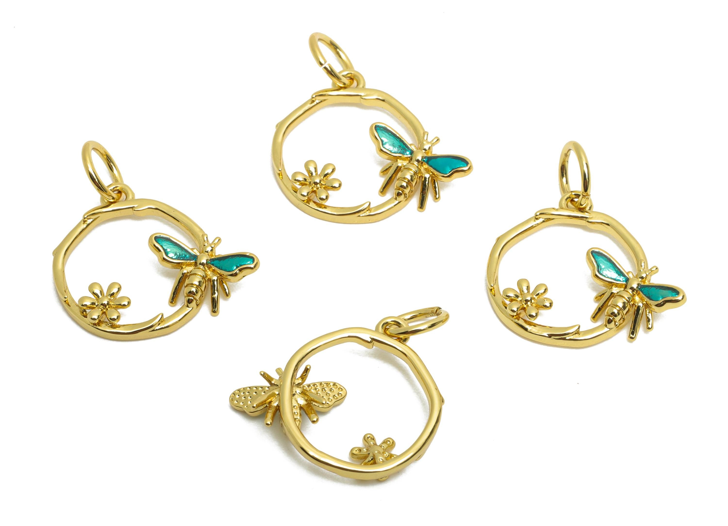 Brass Bee Hoop Earring Charm - Brass Flower Enamel Pendant - Cute Bee Ring Charm For Bracelet - 18K Real Gold Plated - 13x14x2mm - RGP10605 - DOMEDBAZAAR