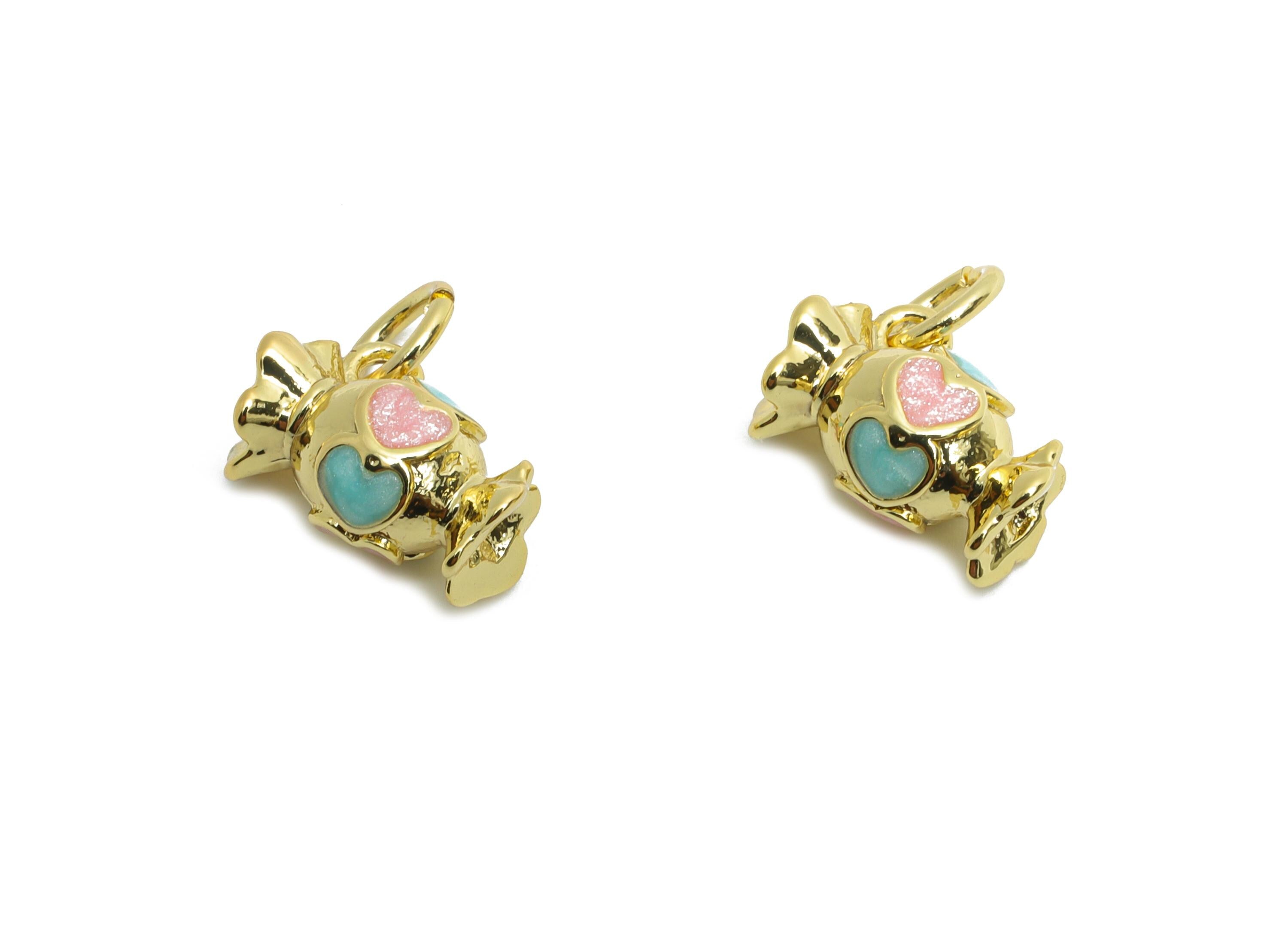 Brass Candy Earring Charm - Brass Heart Candy Enamel Earring Charm - Cute Charm For Bracelet - 18K Real Gold Plated - 9x5x5.94mm - RGP10601 - DOMEDBAZAAR