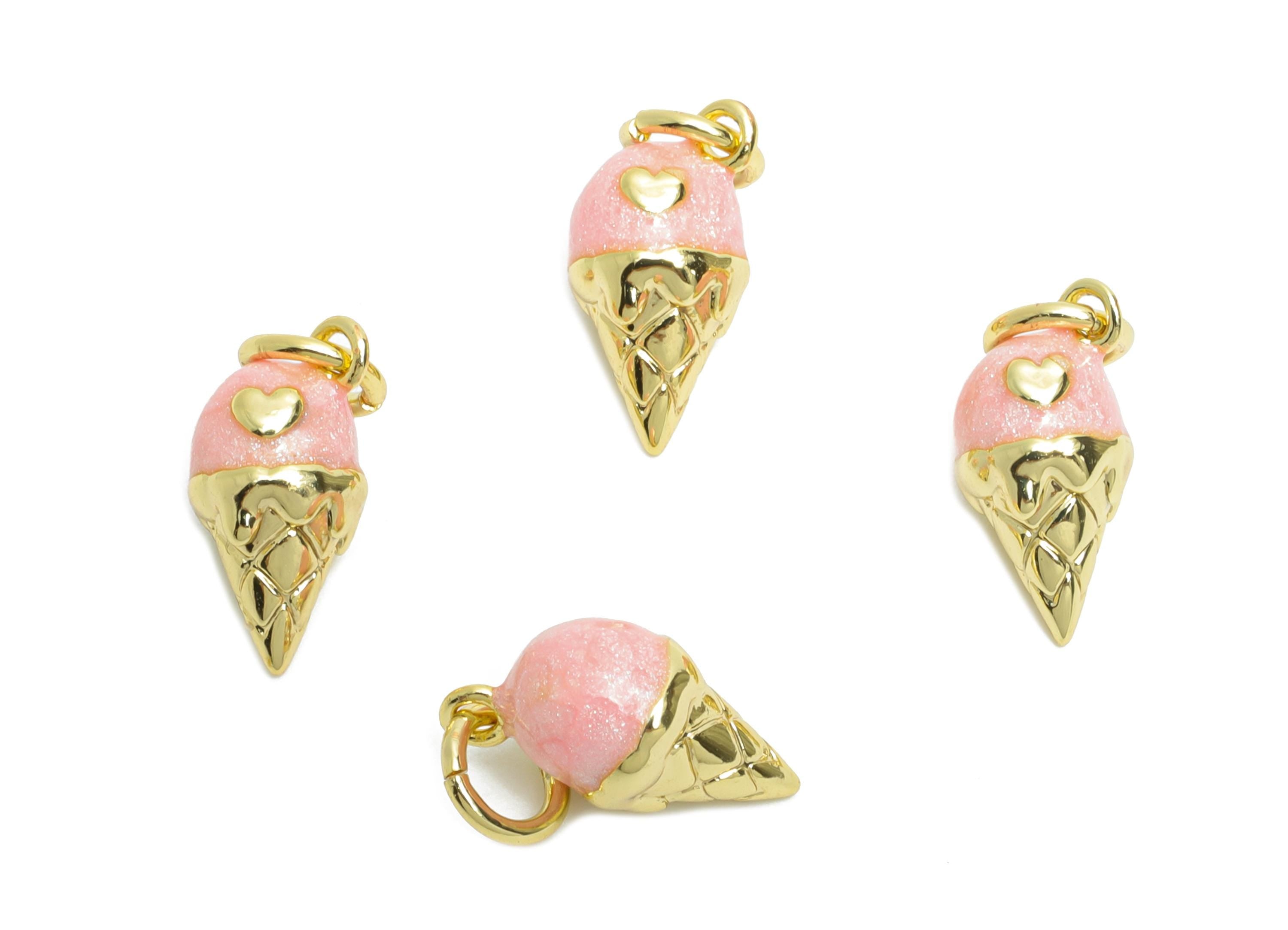 Brass Ice Cream Cone Earring Charm - Brass Enamel Earring Charm - Cute Charm For DIY Bracelet - 18K Real Gold Plated - 11x6x6mm - RGP10613 - DOMEDBAZAAR