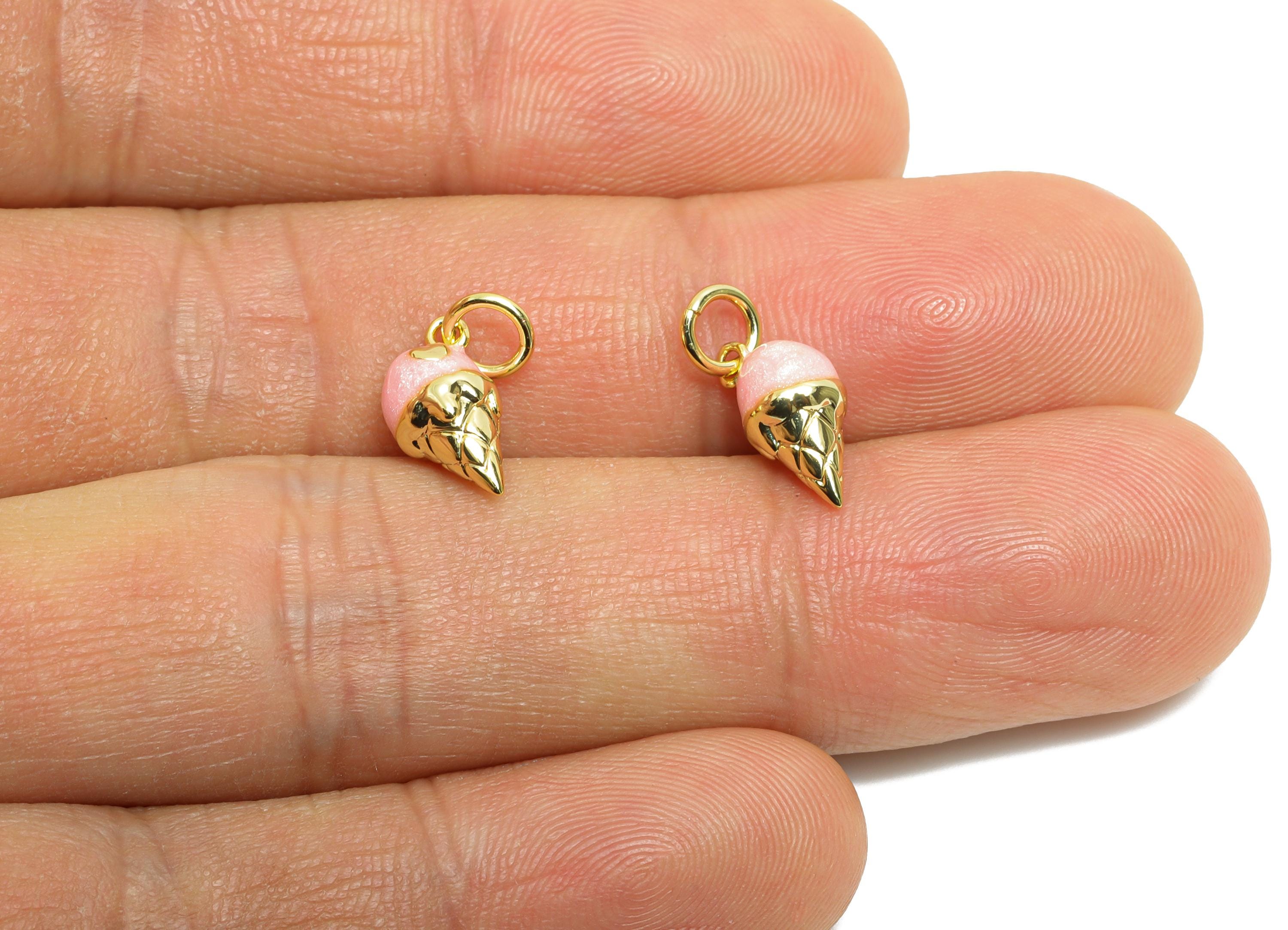 Brass Ice Cream Cone Earring Charm - Brass Enamel Earring Charm - Cute Charm For DIY Bracelet - 18K Real Gold Plated - 11x6x6mm - RGP10613 - DOMEDBAZAAR