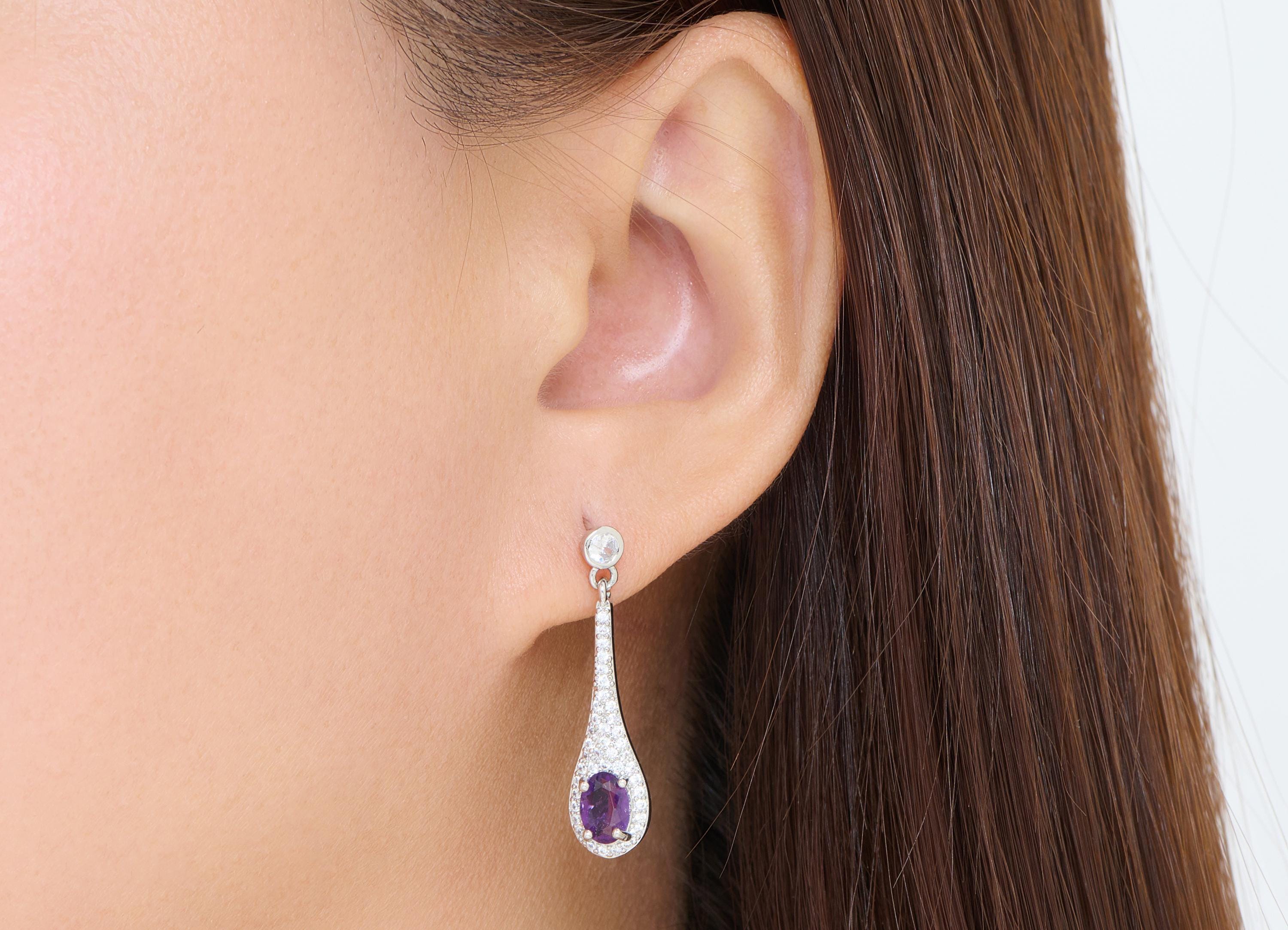 Amethyst Brass Dangle Teardrop Stud - Luxury Zircon Gemstone Post - Sparkling Jewelry Making - Silver Stud - White K Plated -32x8x5mm-NS2666 - DOMEDBAZAAR