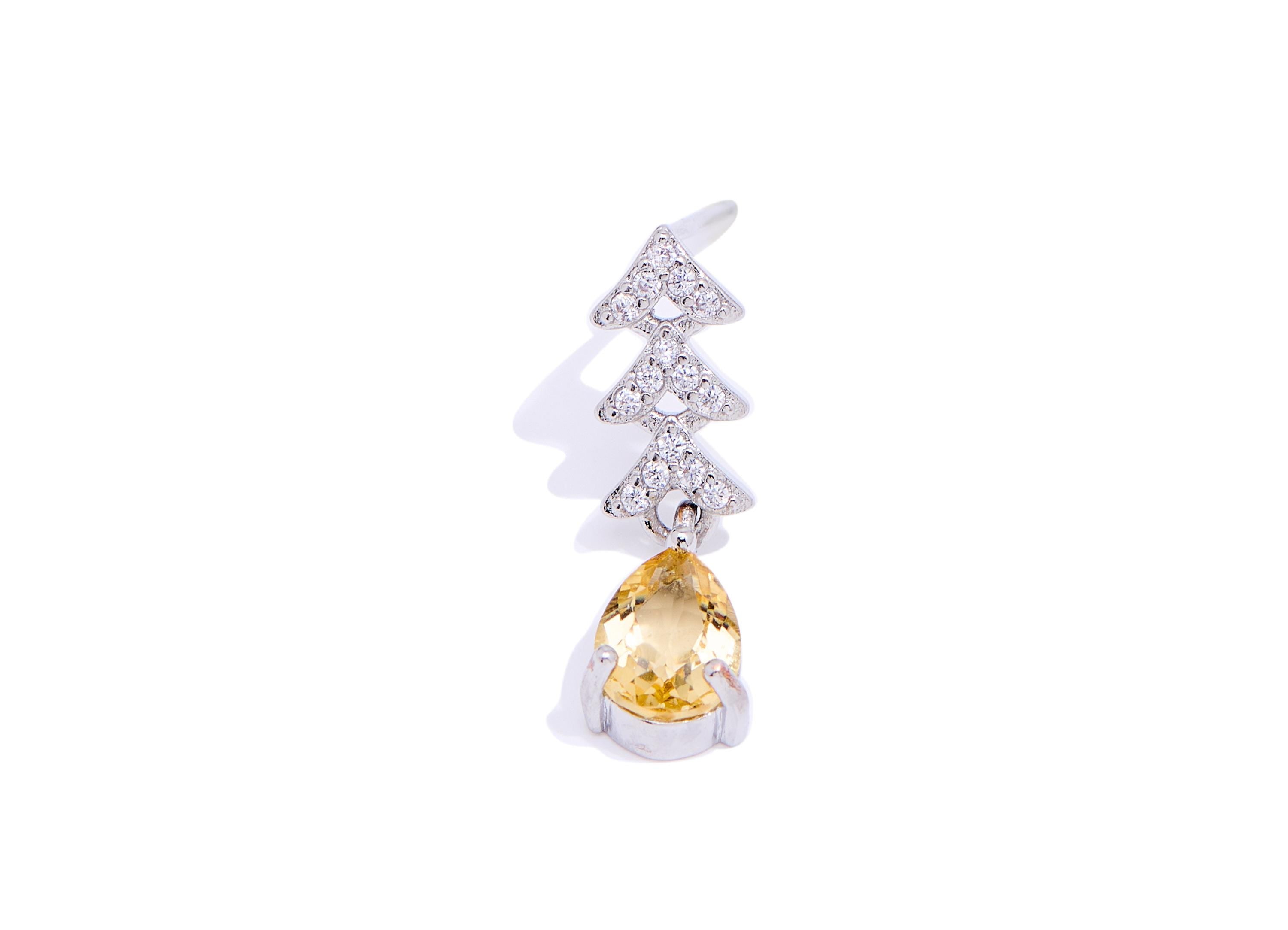 Citrine Brass Dangle Drop Stud - Chic Zircon Christmas Tree Gemstone Post - Jewelry Making - Silver Stud - White K Plated -20x5.8x4mm-NS2598 - DOMEDBAZAAR