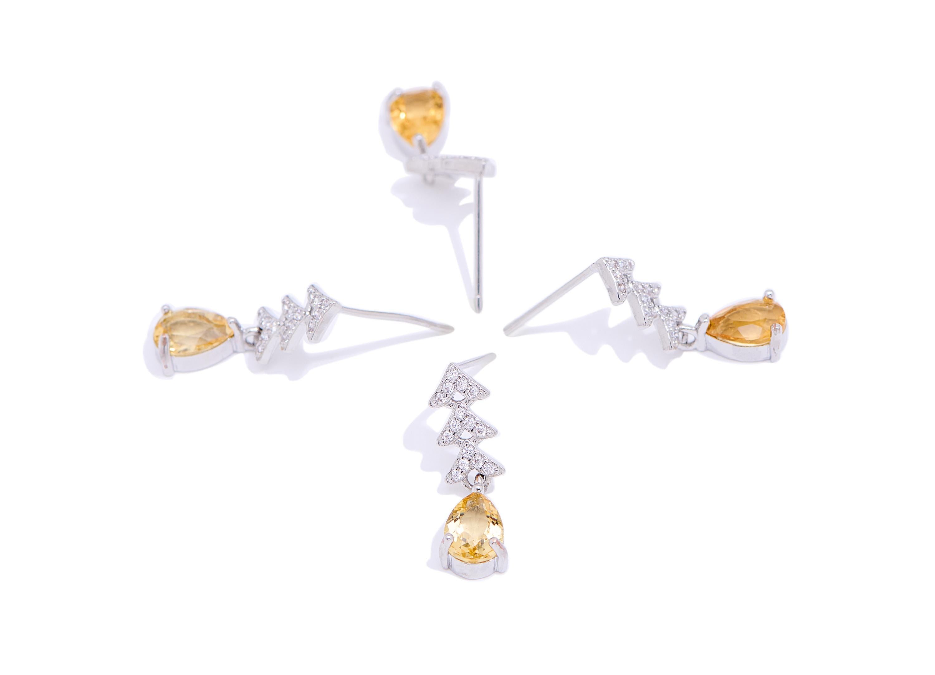 Citrine Brass Dangle Drop Stud - Chic Zircon Christmas Tree Gemstone Post - Jewelry Making - Silver Stud - White K Plated -20x5.8x4mm-NS2598 - DOMEDBAZAAR