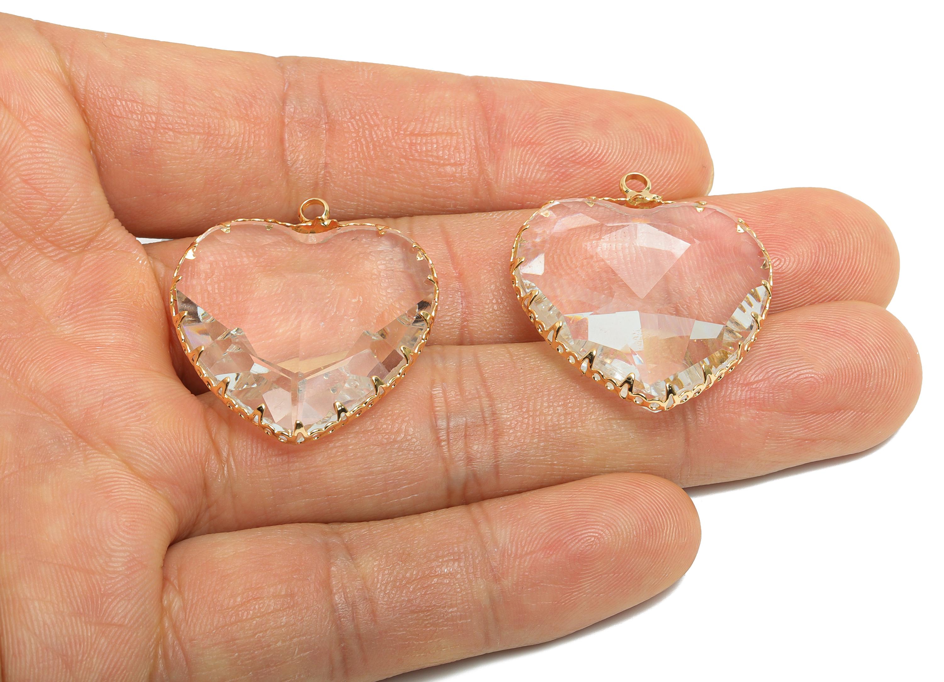 Glass Heart Earring Charms - Brass Sparking Frame Pendant - Romantic Heart Charm - Faceted Glass - Gold Tone Plated - 31x27.94x9mm - GS1163B - DOMEDBAZAAR