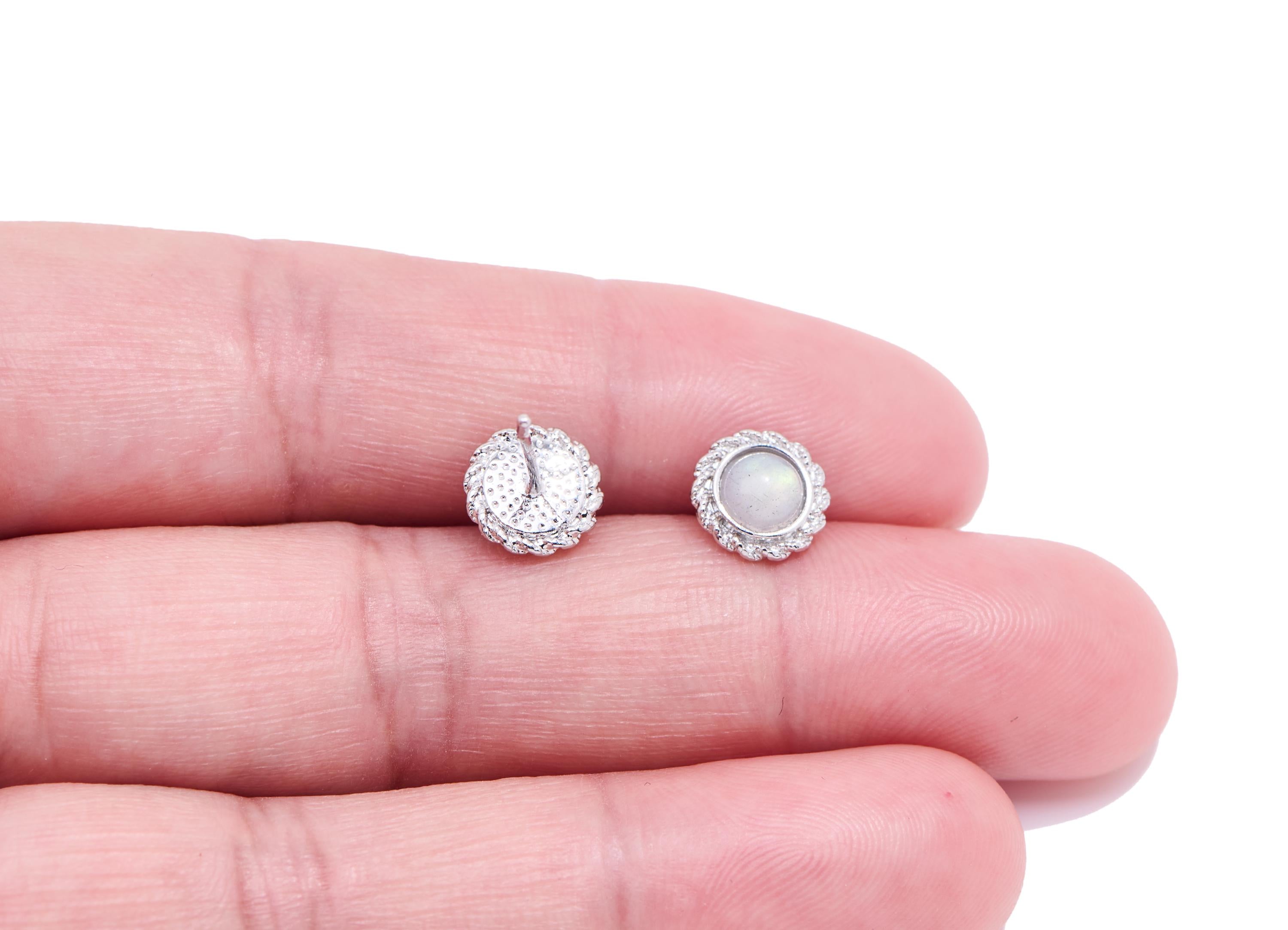 Moonstone Brass Flower Studs - Textured Round Gemstone Posts - Modern Jewelry Making - Silver Stud - White K Plated - 8.26x8.26x3mm - NS2660 - DOMEDBAZAAR