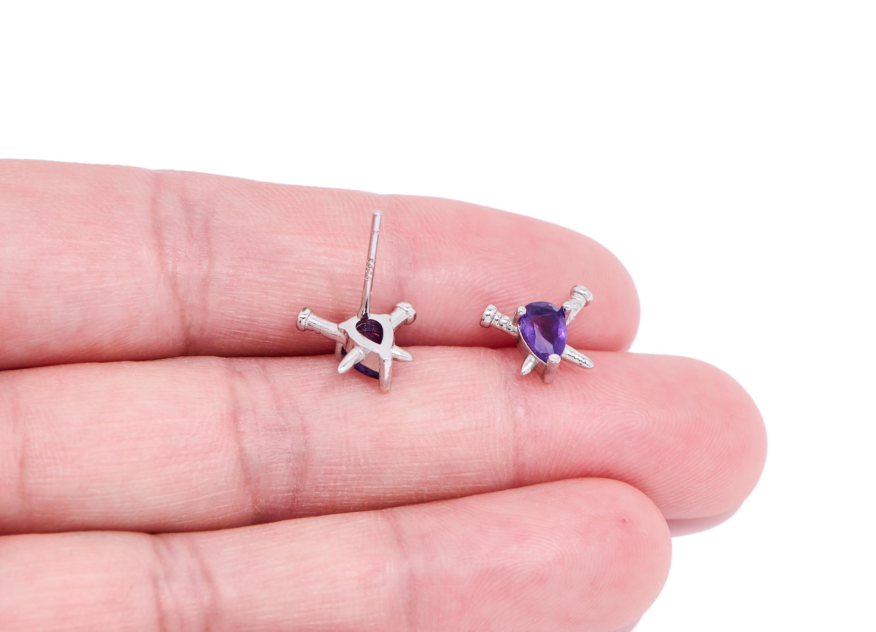 Amethyst Brass Sword Studs - Double Sword Cross Gem Posts - Unique Jewelry Making - Silver Stud - White K Plated - 10.66x8.62x4mm - NS2650 - DOMEDBAZAAR