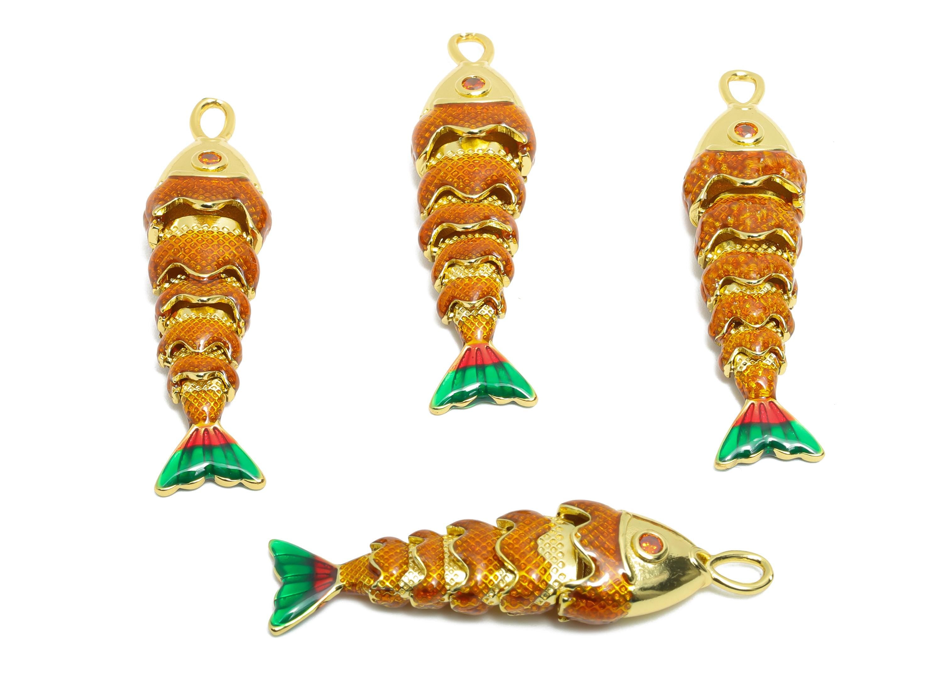 Brass Cloisonne Enamel Fish Charm - Refined Movable Fish Charm - CZ Handmade Articulated Fish - 18K Real Gold Plated - 40x10.7x7mm -RGP10443 - DOMEDBAZAAR