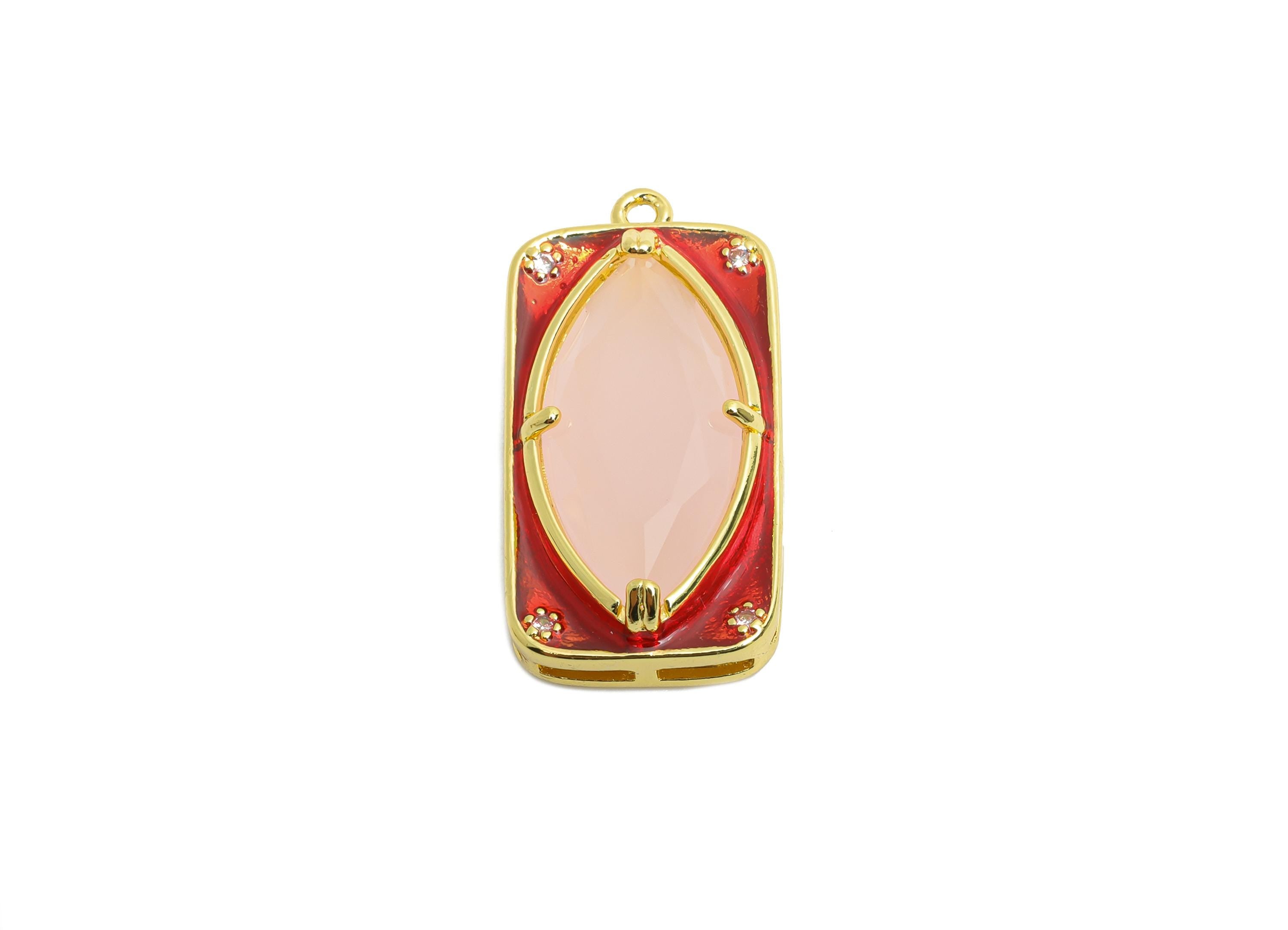 Brass Rectangle Charm - Marquise Glass Enamel Pendant - Statement CZ Geometric Jewelry - 18K Real Gold Plated - 27.15x14x6.52mm - RGP10445 - DOMEDBAZAAR
