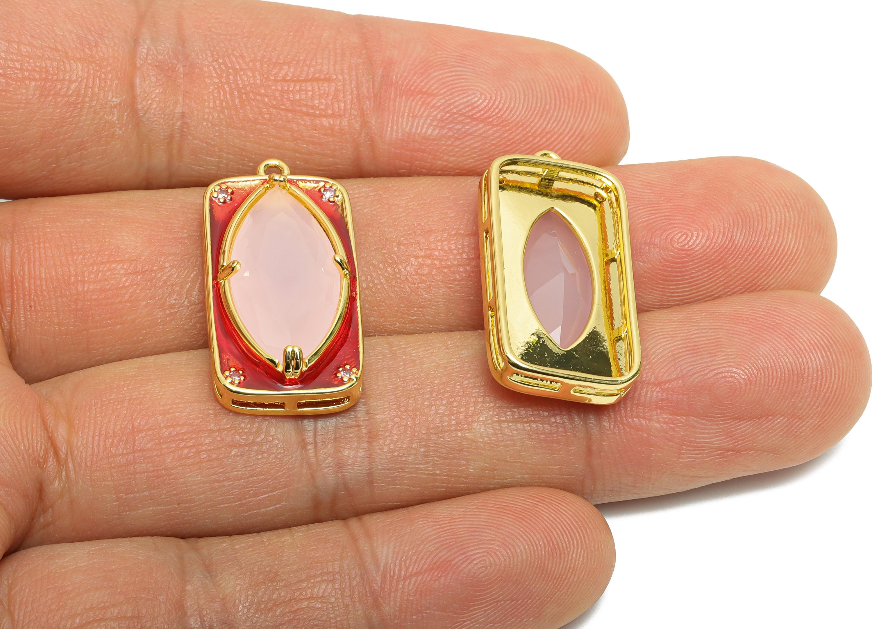 Brass Rectangle Charm - Marquise Glass Enamel Pendant - Statement CZ Geometric Jewelry - 18K Real Gold Plated - 27.15x14x6.52mm - RGP10445 - DOMEDBAZAAR