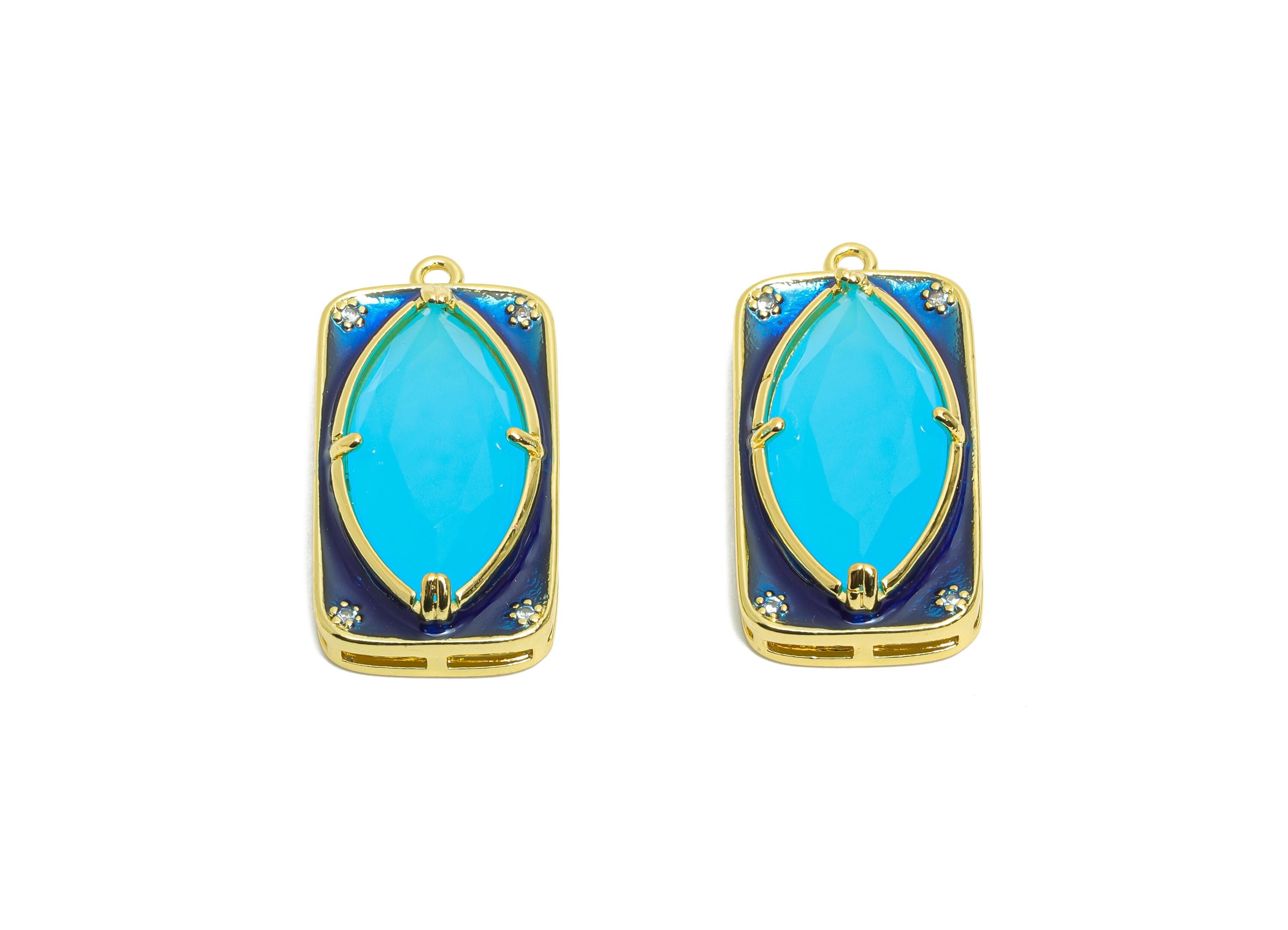 Brass Rectangle Charm - Marquise Glass Enamel Pendant - Statement CZ Geometric Jewelry - 18K Real Gold Plated - 27.15x14x6.52mm - RGP10446 - DOMEDBAZAAR