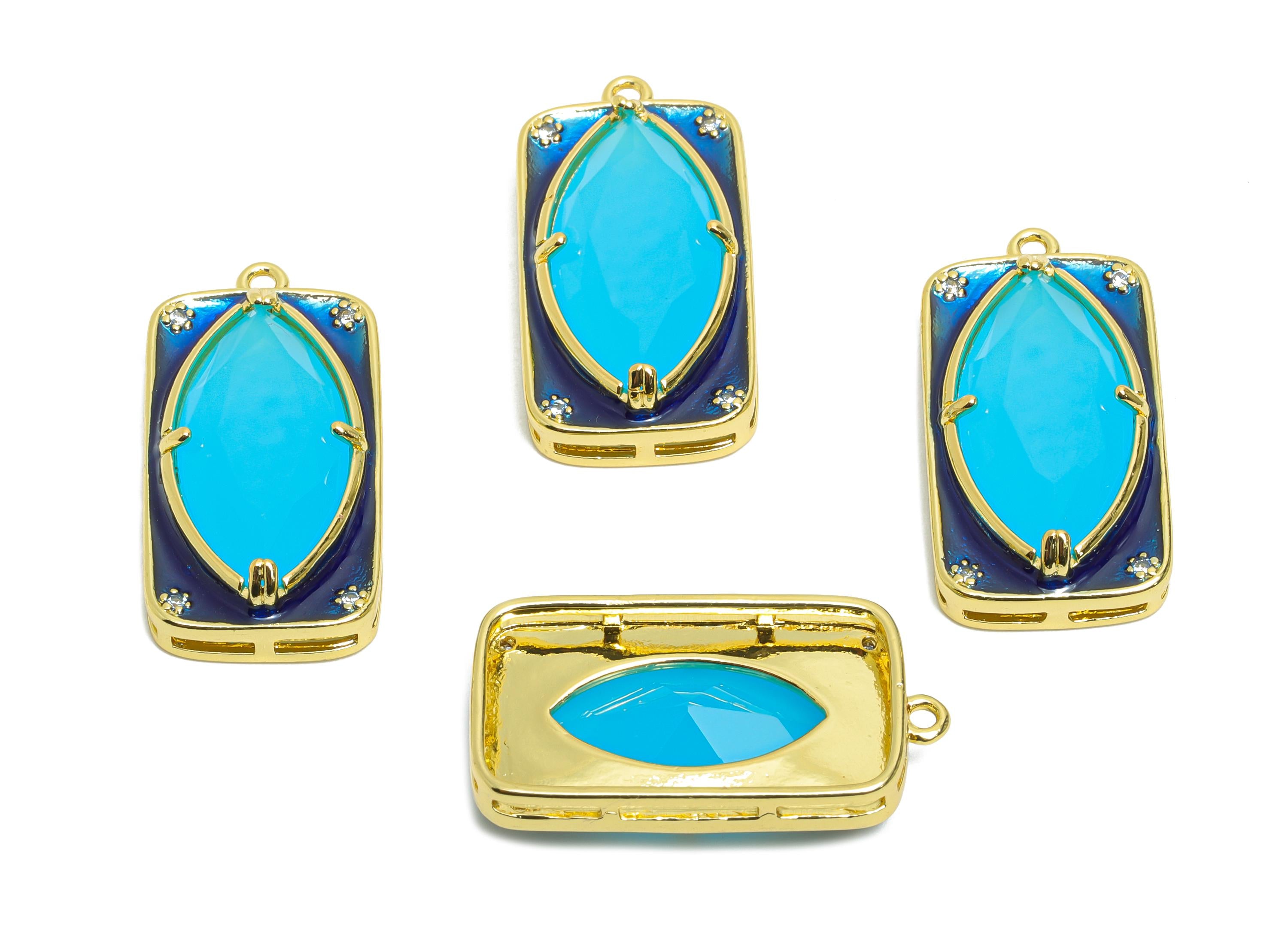 Brass Rectangle Charm - Marquise Glass Enamel Pendant - Statement CZ Geometric Jewelry - 18K Real Gold Plated - 27.15x14x6.52mm - RGP10446 - DOMEDBAZAAR