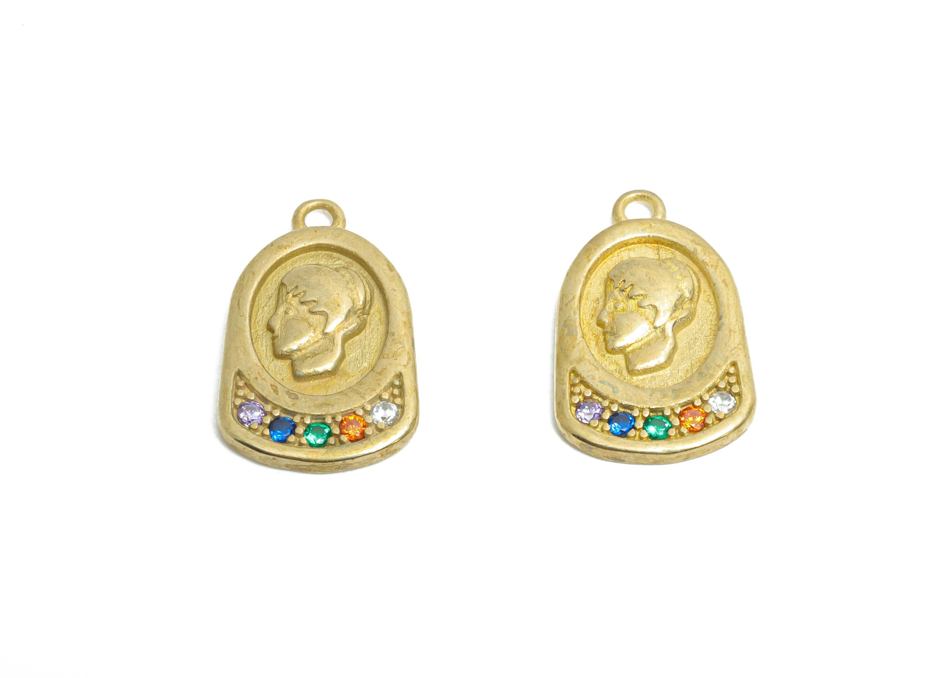 Brass Antique Portrait Earring Charm - Raw Brass Vintage-style Face Pendant - Cubic Zircon Boho Brass Coin Charm - 16.8x10.76x2mm - PP11082 - DOMEDBAZAAR