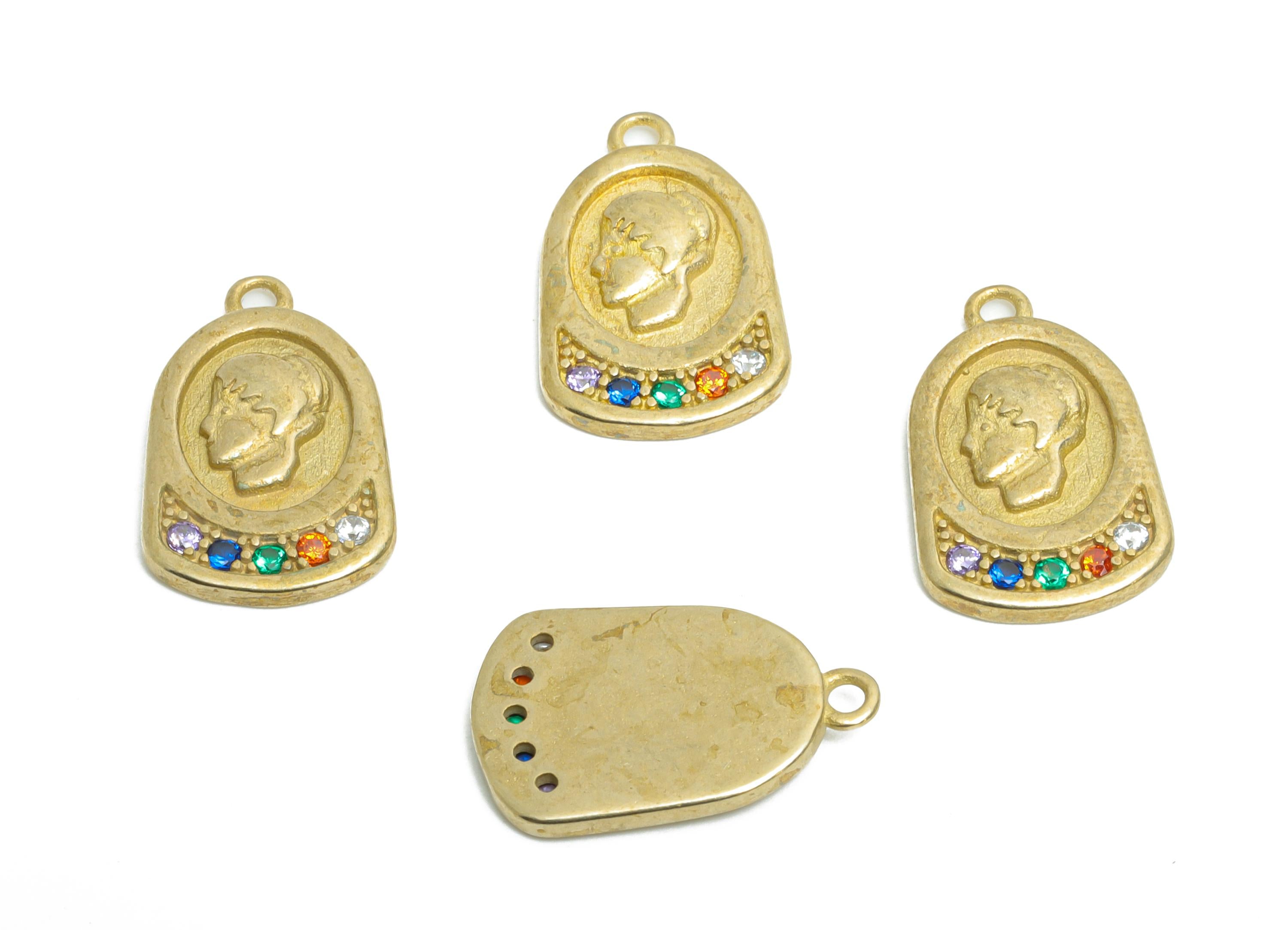 Brass Antique Portrait Earring Charm - Raw Brass Vintage-style Face Pendant - Cubic Zircon Boho Brass Coin Charm - 16.8x10.76x2mm - PP11082 - DOMEDBAZAAR
