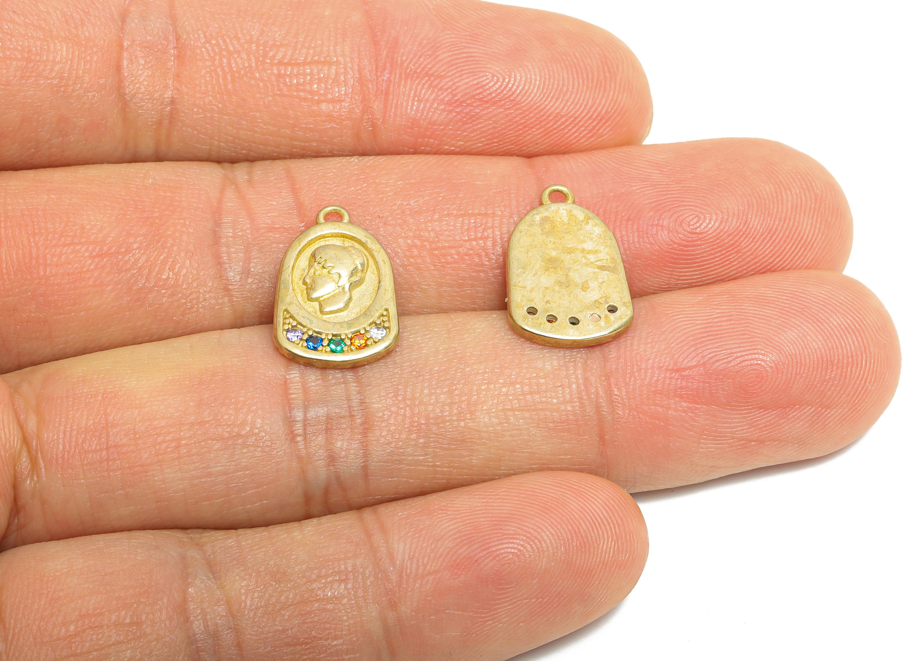 Brass Antique Portrait Earring Charm - Raw Brass Vintage-style Face Pendant - Cubic Zircon Boho Brass Coin Charm - 16.8x10.76x2mm - PP11082 - DOMEDBAZAAR