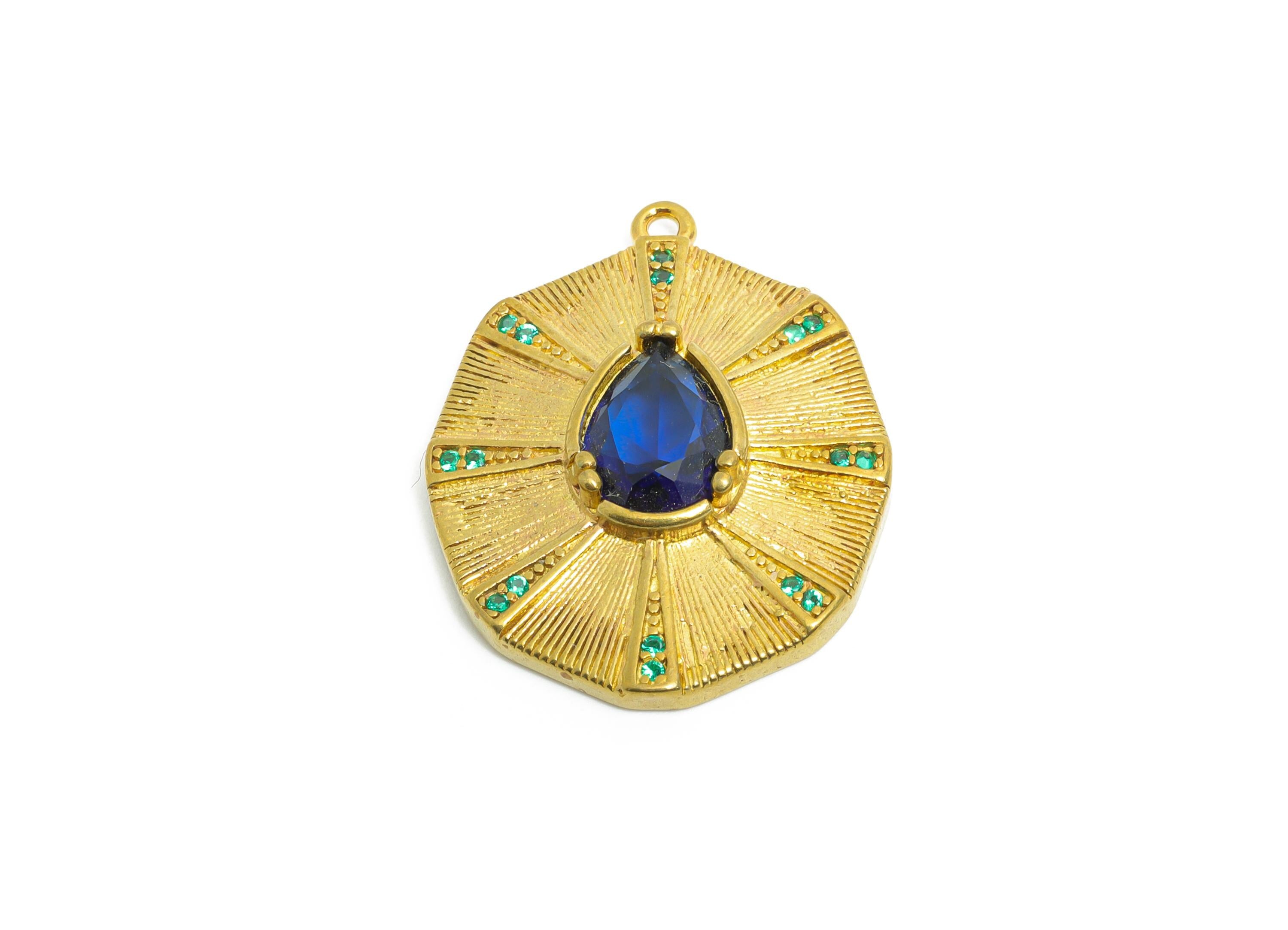 Brass Geometric Crystal Charm - Raw Brass Vintage Sunburst Pendant - Textured Artistic Charm - Decorative Jewelry - 28.7x22.73x5mm - PP11101 - DOMEDBAZAAR