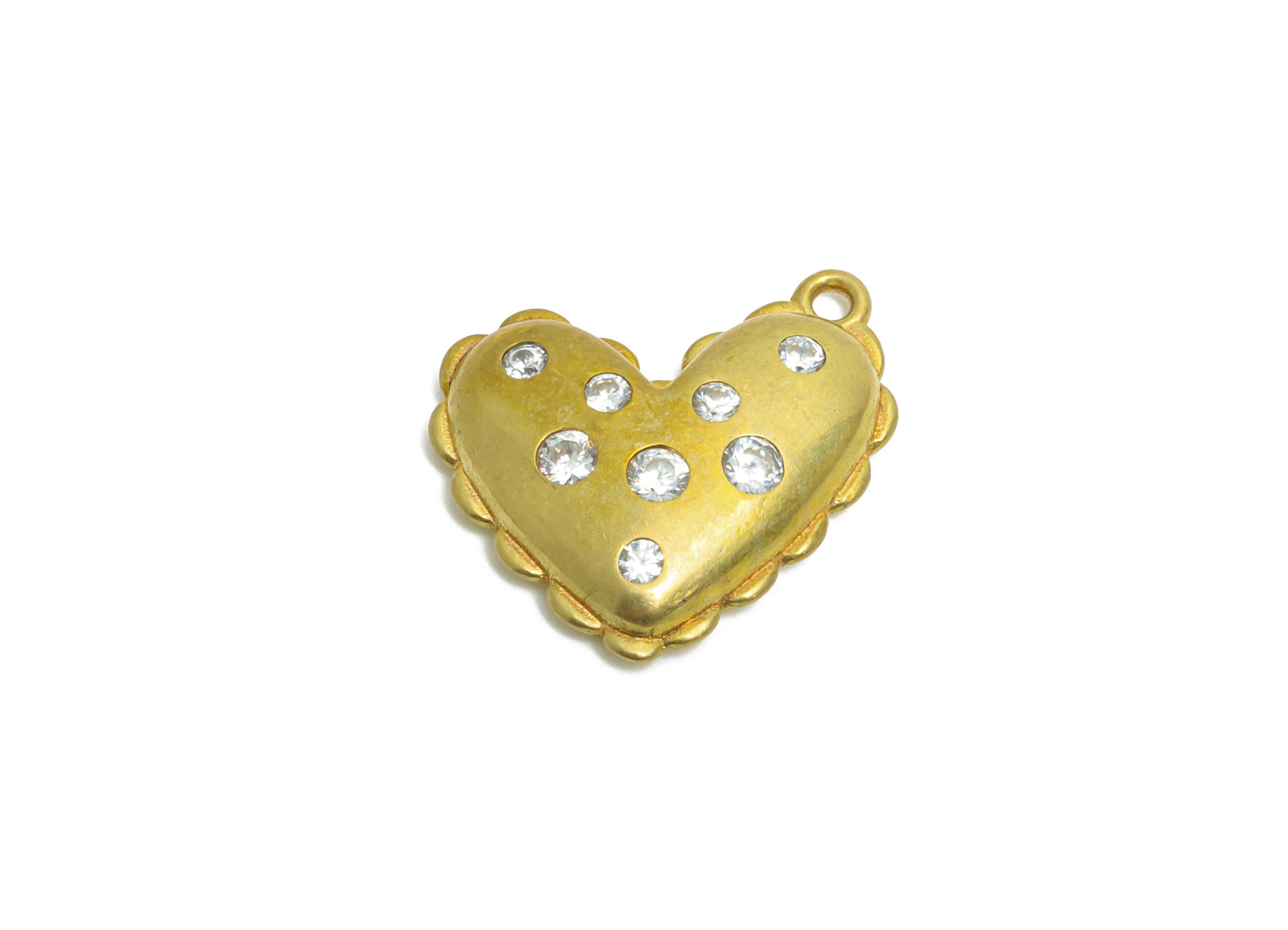 Brass Heart Earring Charms - Raw Brass Romantic Heart Pendant - Elegant Zircon Heart Charms - Decorative Jewelry - 16.8x15x3.56mm - PP11092 - DOMEDBAZAAR