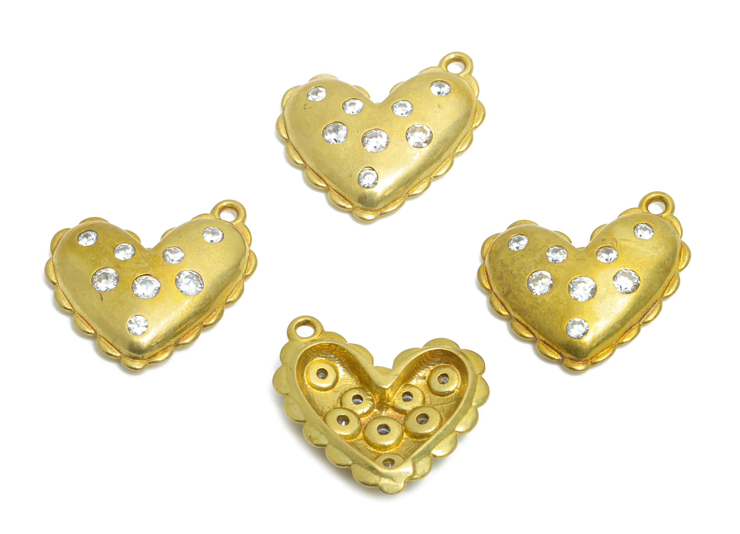 Brass Heart Earring Charms - Raw Brass Romantic Heart Pendant - Elegant Zircon Heart Charms - Decorative Jewelry - 16.8x15x3.56mm - PP11092 - DOMEDBAZAAR