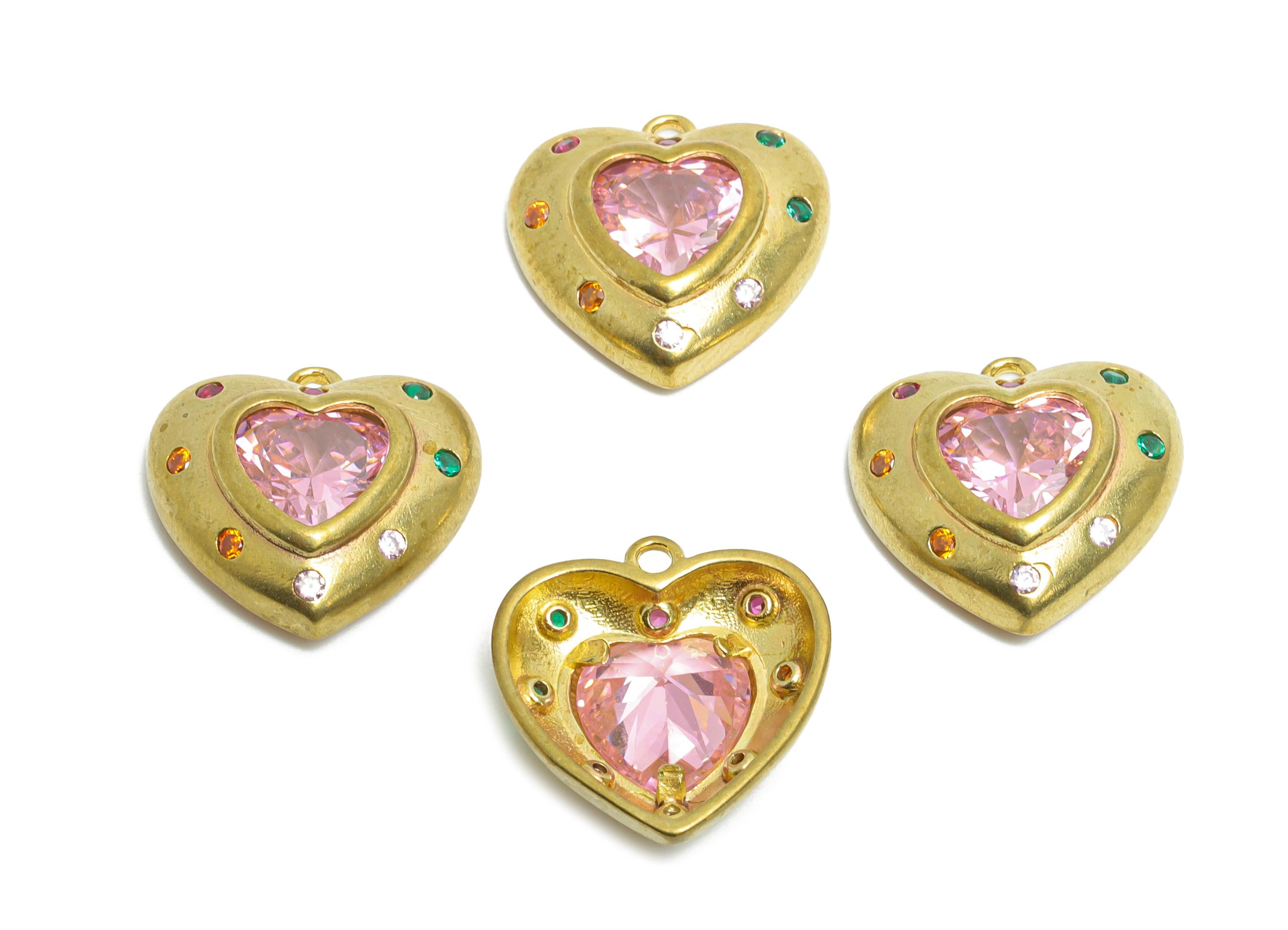 Brass Heart Earring Charms - Raw Brass Romantic Heart Pendant - Colorful Zircon Heart Charms - Decorative Jewelry - 16.15x15.9x4mm - PP11094 - DOMEDBAZAAR
