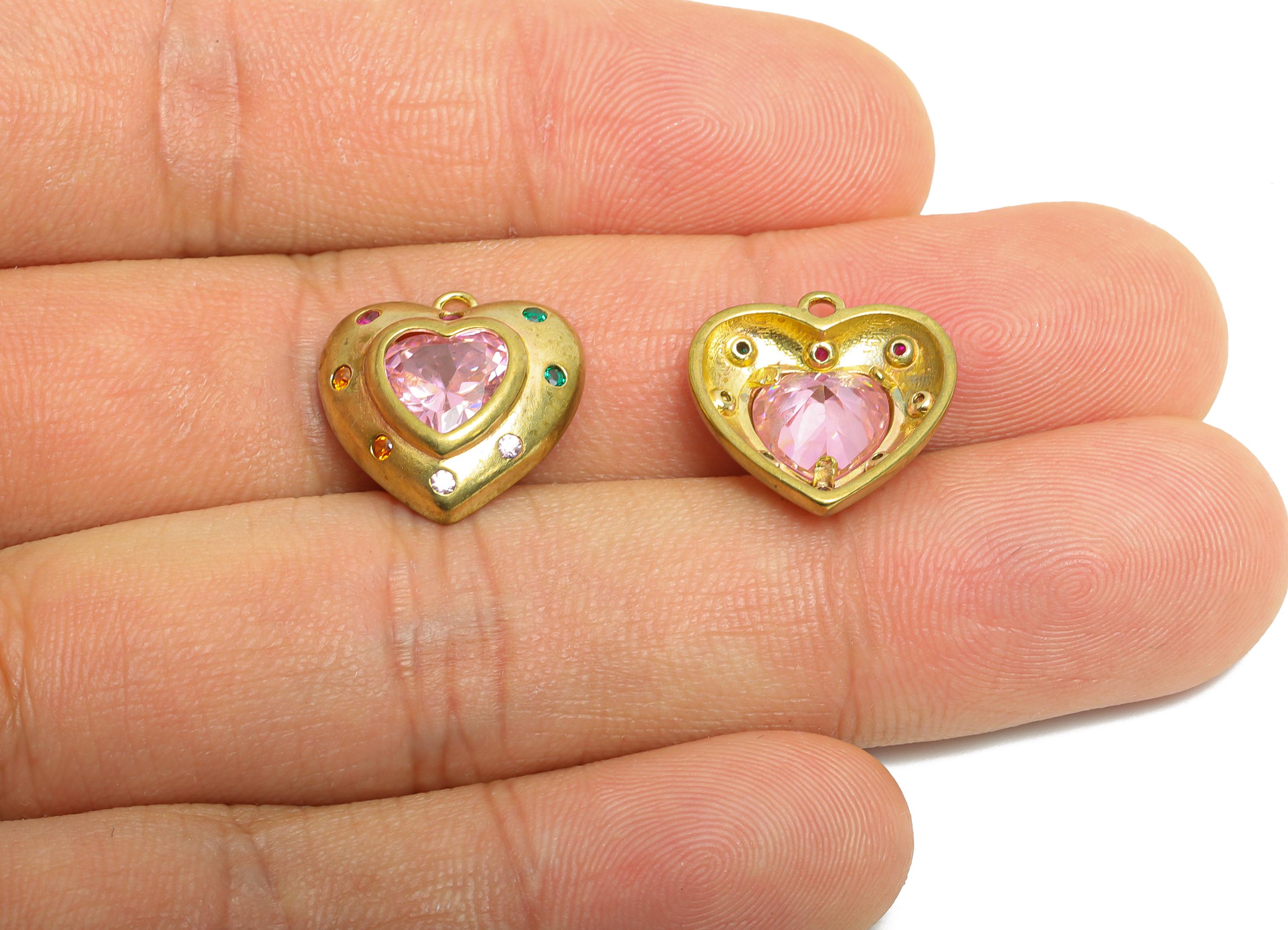Brass Heart Earring Charms - Raw Brass Romantic Heart Pendant - Colorful Zircon Heart Charms - Decorative Jewelry - 16.15x15.9x4mm - PP11094 - DOMEDBAZAAR