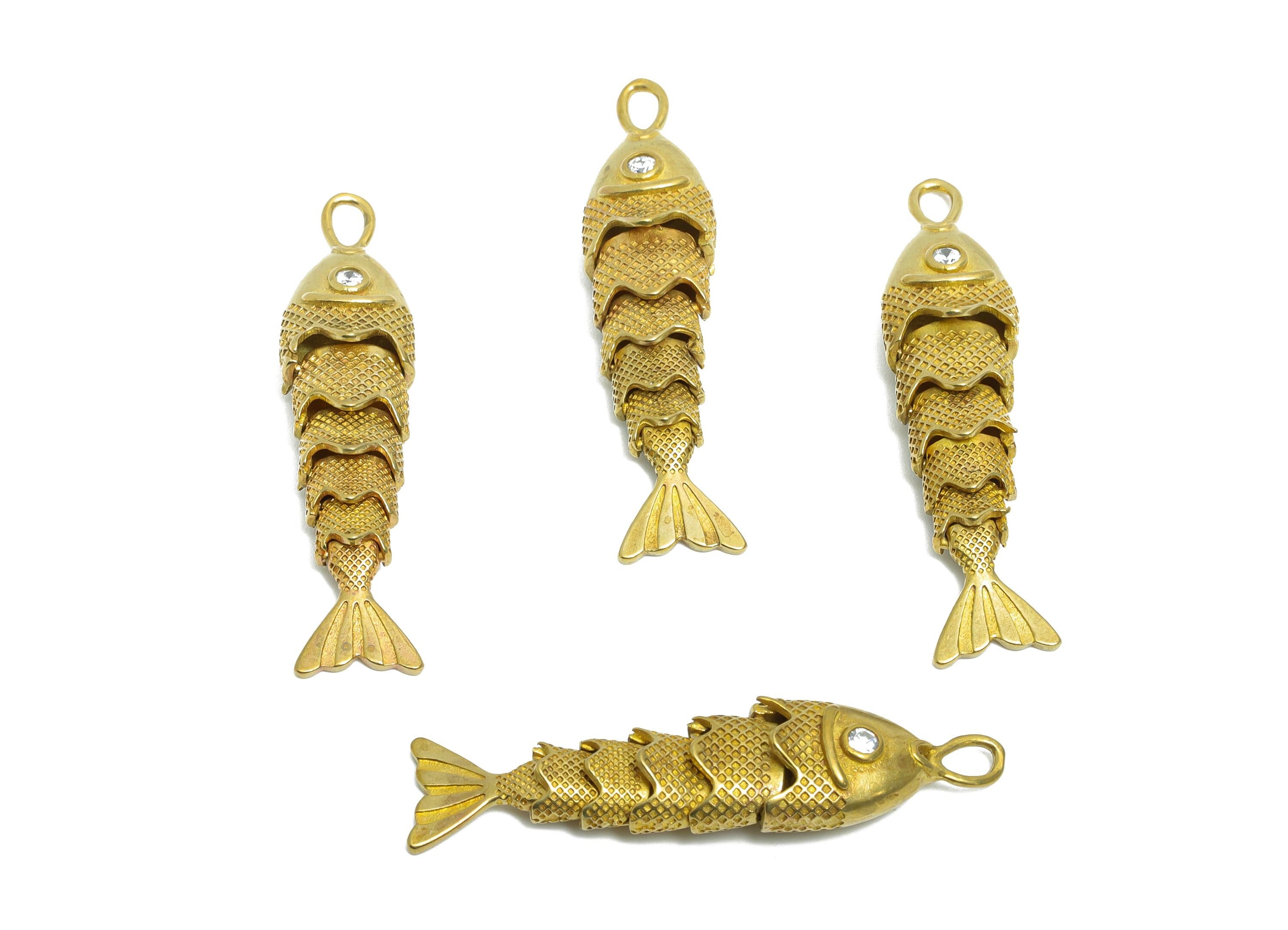 Movable 3D Articulated Fish Charm - Brass Sparking Fish Charm - DIY Bracelet Necklace Jewelry Making - Marine Pendant - 40x9.7x7mm - PP11118 - DOMEDBAZAAR