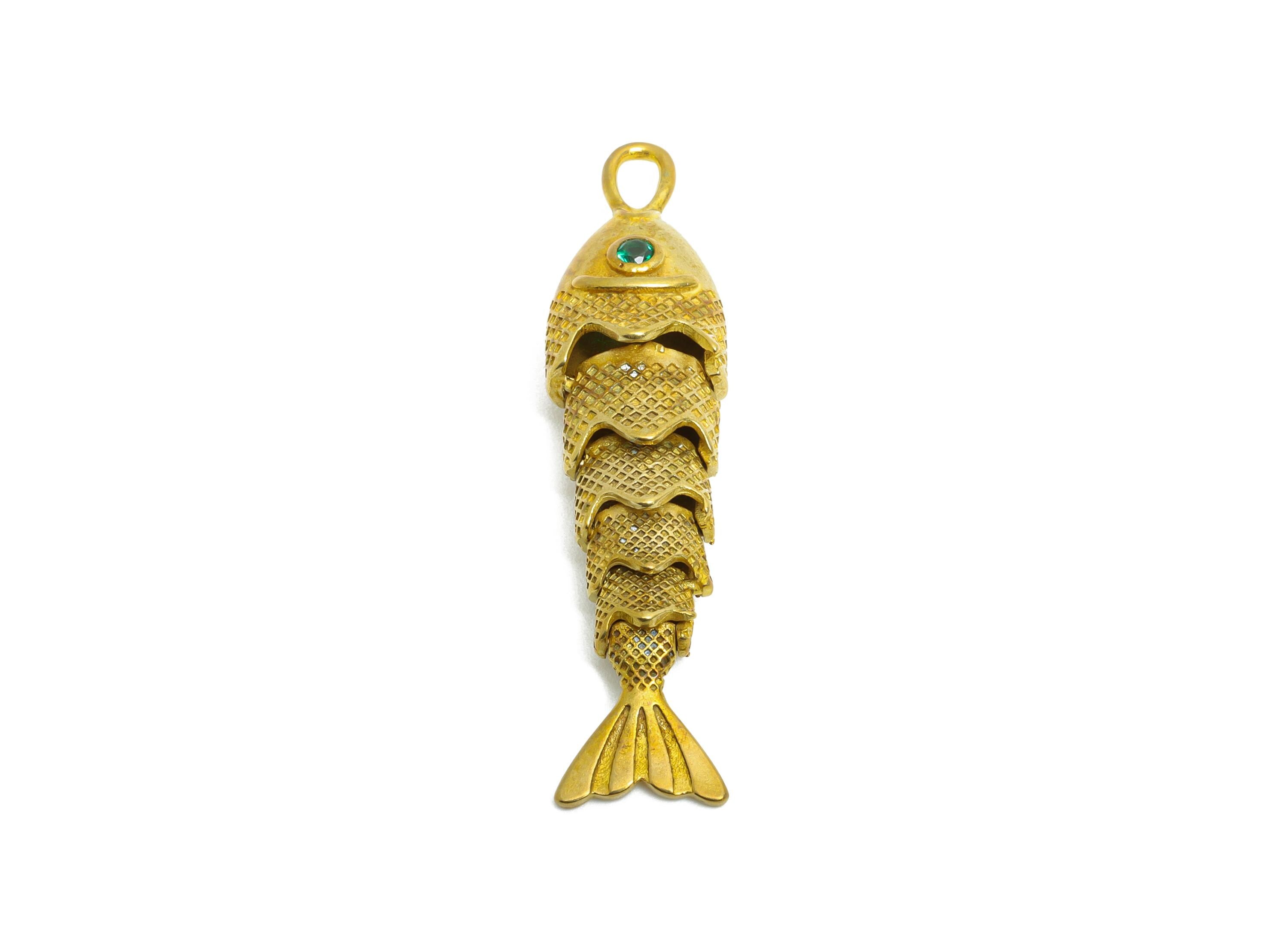 Movable 3D Articulated Fish Charm - Brass Green Fish Charm - DIY Bracelet Necklace Jewelry Making - Marine Pendant - 40x9.7x7.31mm - PP11119 - DOMEDBAZAAR
