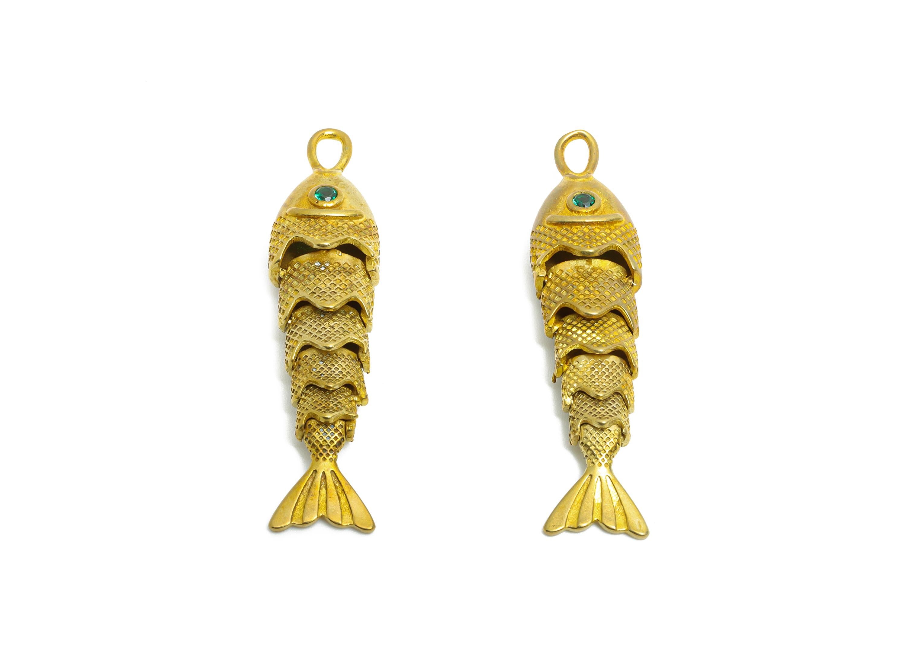 Movable 3D Articulated Fish Charm - Brass Green Fish Charm - DIY Bracelet Necklace Jewelry Making - Marine Pendant - 40x9.7x7.31mm - PP11119 - DOMEDBAZAAR