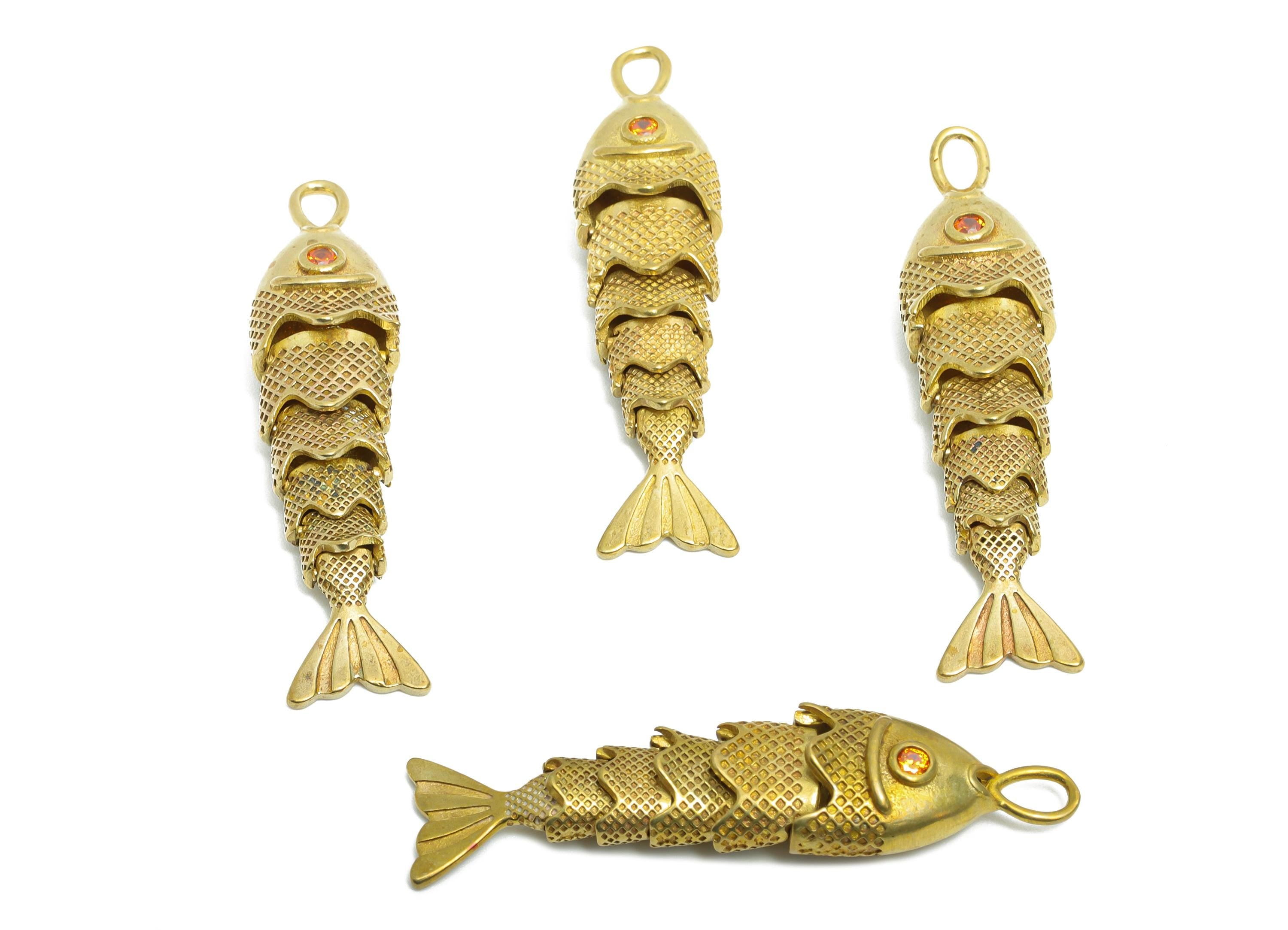 Movable Articulated Fish Charm - Brass Orange CZ Charm - DIY Bracelet Necklace Handmade Fish Charm -  Marine Pendant - 40x9x7mm - PP11120 - DOMEDBAZAAR