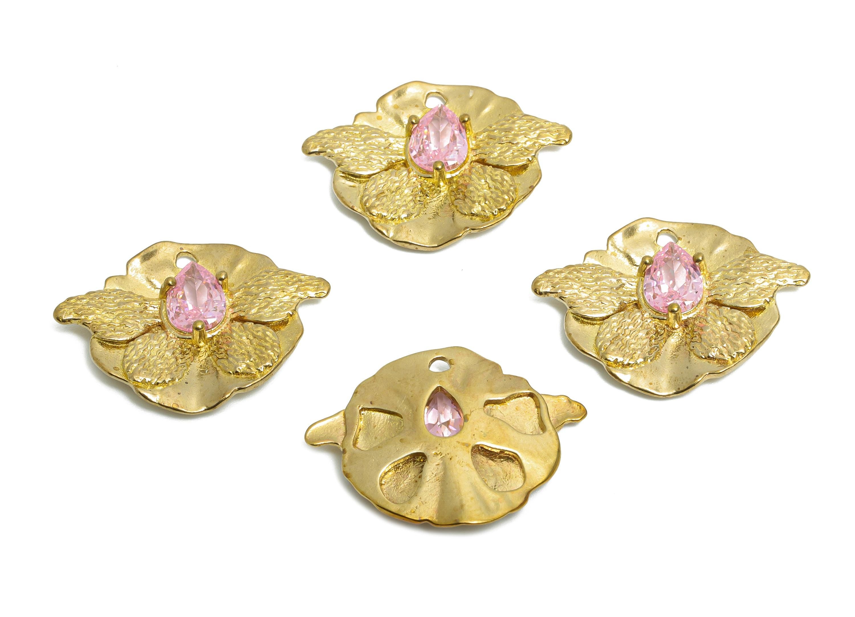 Raw Brass Butterfly Charms- Brass Textured Insect Charm - Elegant Pink Drop Crystal Charms - Refined Jewelry Making - 23x17x3.7mm - PP11098 - DOMEDBAZAAR