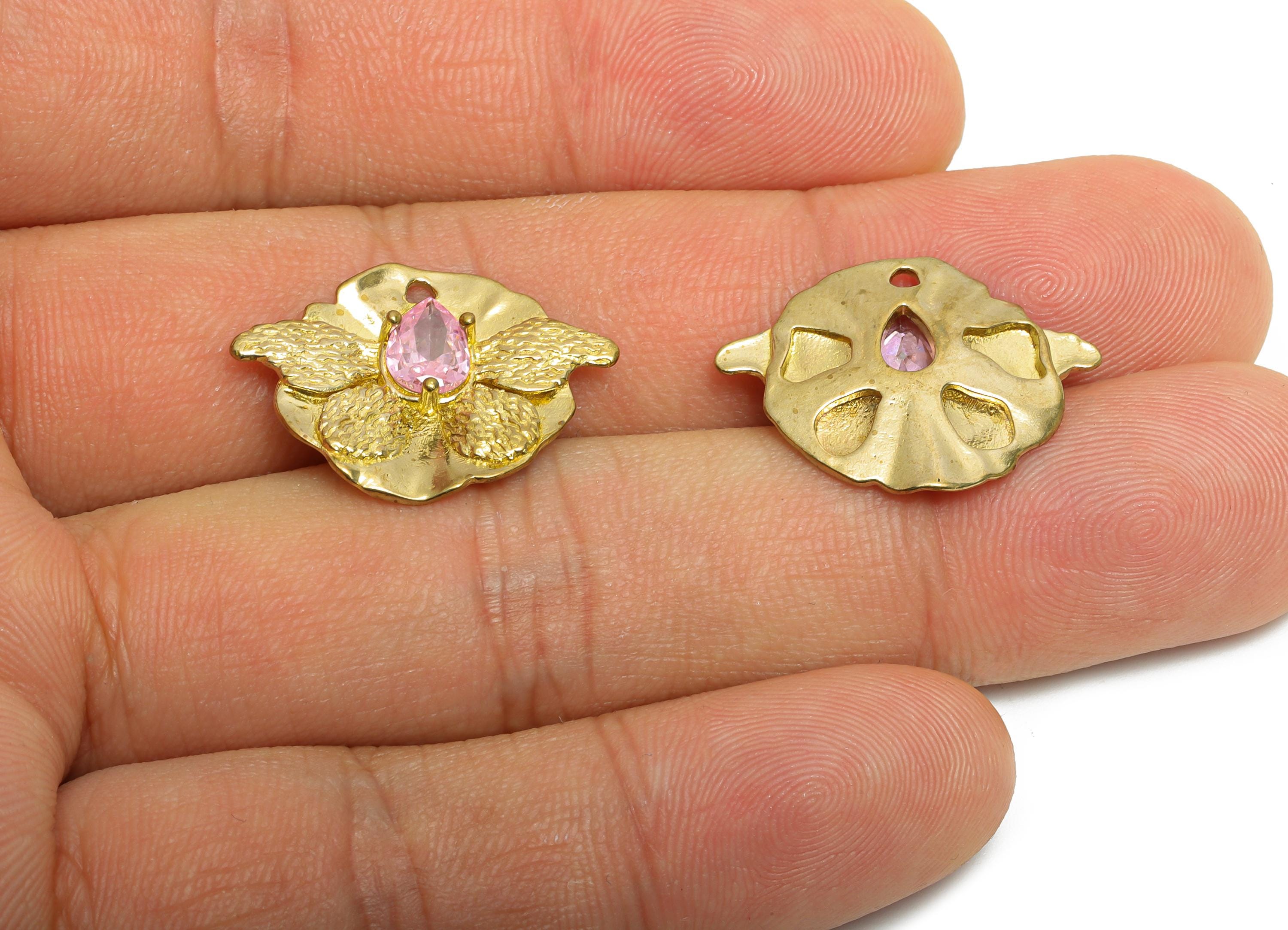 Raw Brass Butterfly Charms- Brass Textured Insect Charm - Elegant Pink Drop Crystal Charms - Refined Jewelry Making - 23x17x3.7mm - PP11098 - DOMEDBAZAAR