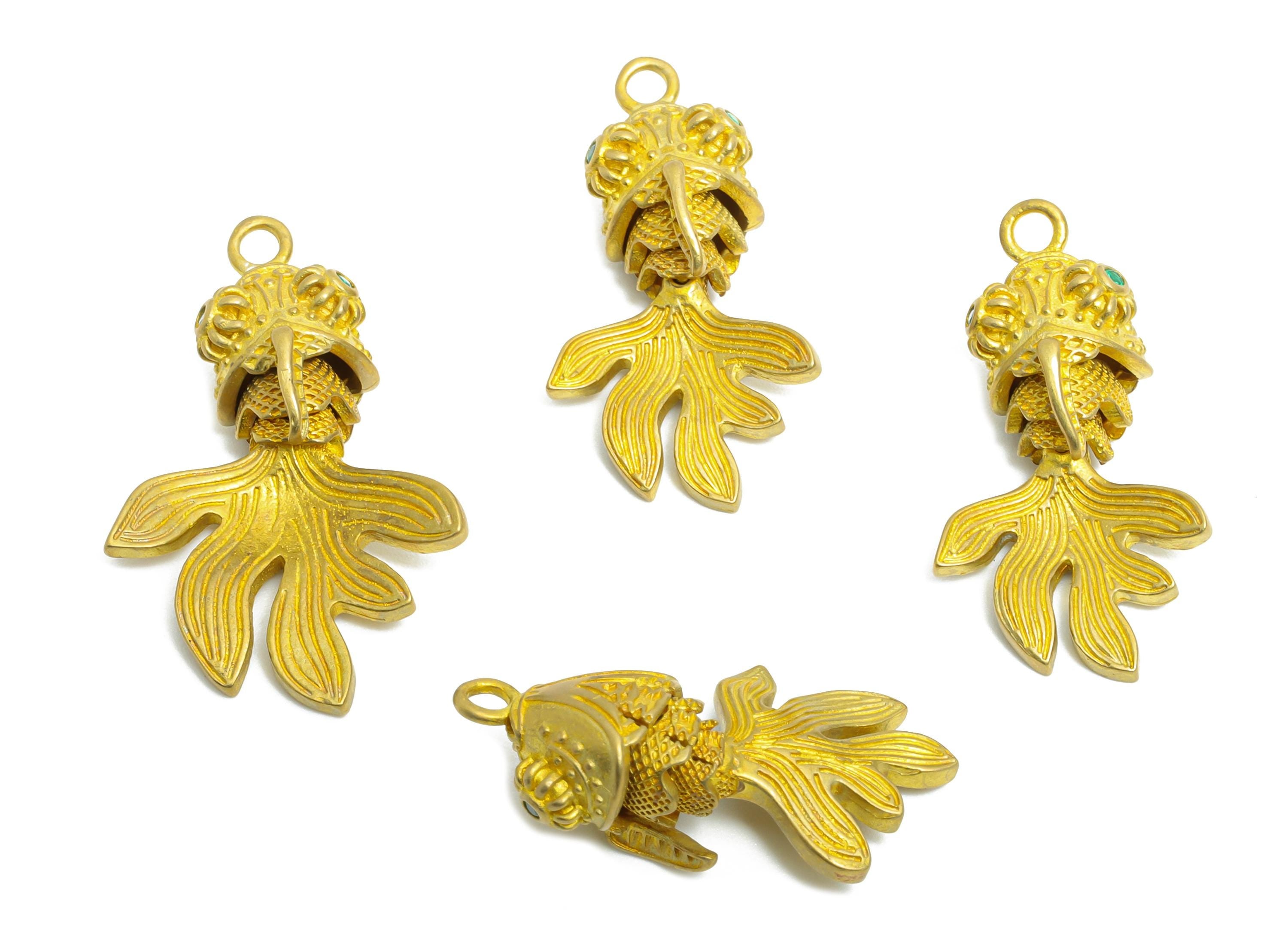 Movable Articulated Fish Charm - Brass Textured Whale Charm - Cubic Zircon Green Articulated Fish Marine Pendant - 25x13.9x8.33mm - PP11103 - DOMEDBAZAAR