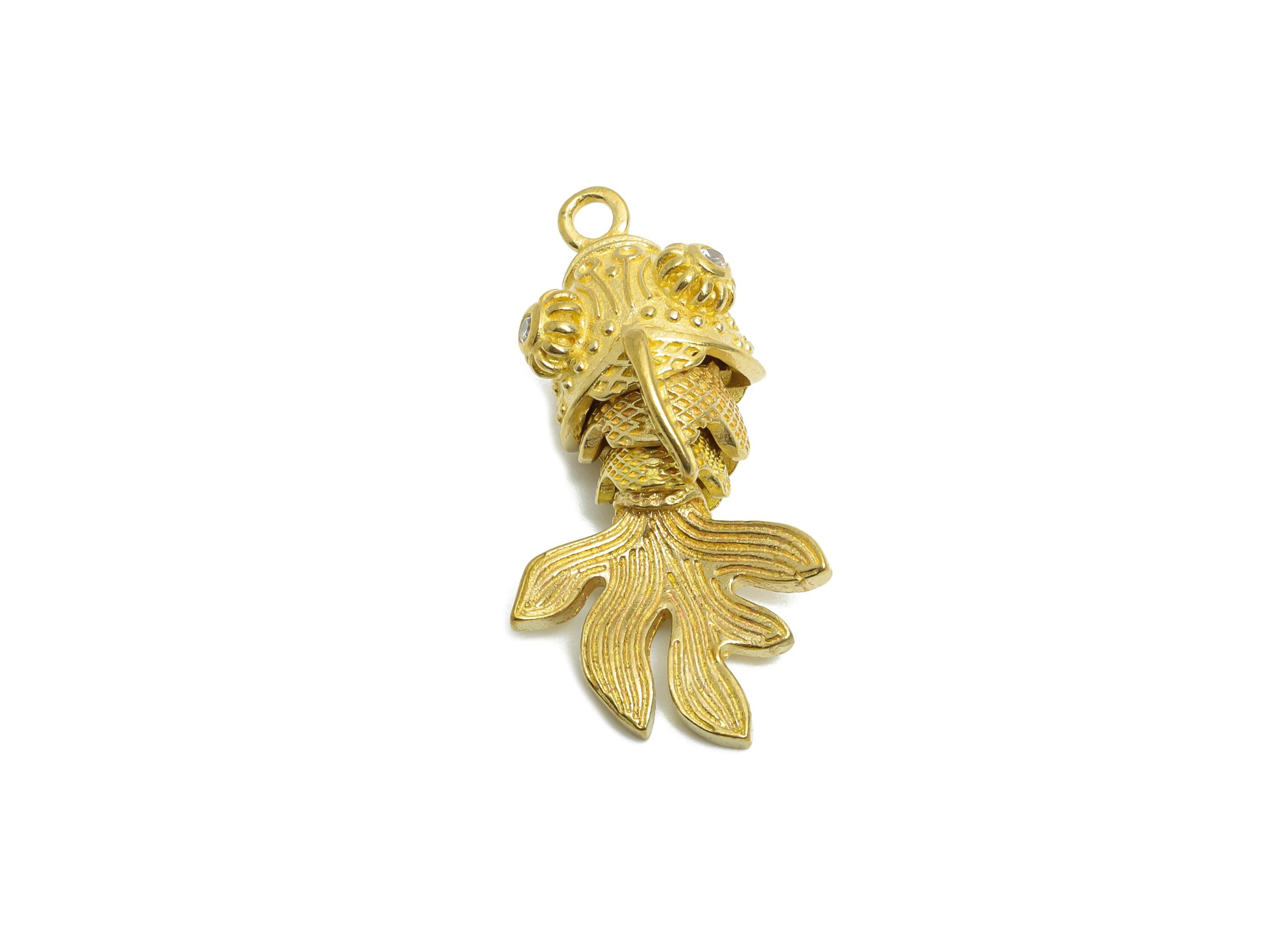 Movable Articulated Fish Charm - Brass Textured Whale Charm - Sparking Cubic Zircon Articulated Fish Marine Pendant - 28x12x10.8mm - PP11104 - DOMEDBAZAAR