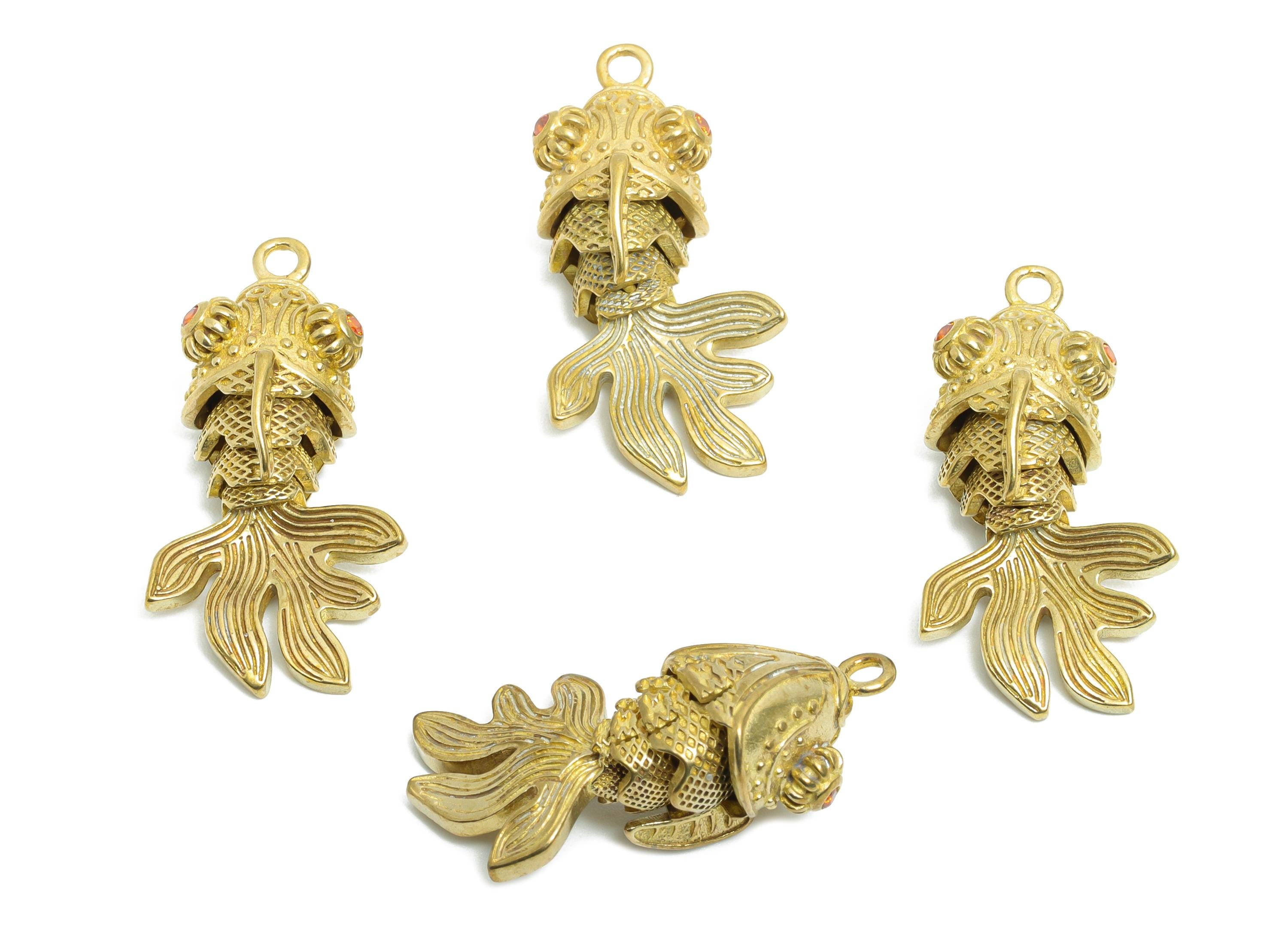 Movable Articulated Fish Charm - Brass Textured Whale Charm - Orange Cubic Zircon Articulated Fish Marine Pendant - 28x12x10.85mm - PP11105 - DOMEDBAZAAR