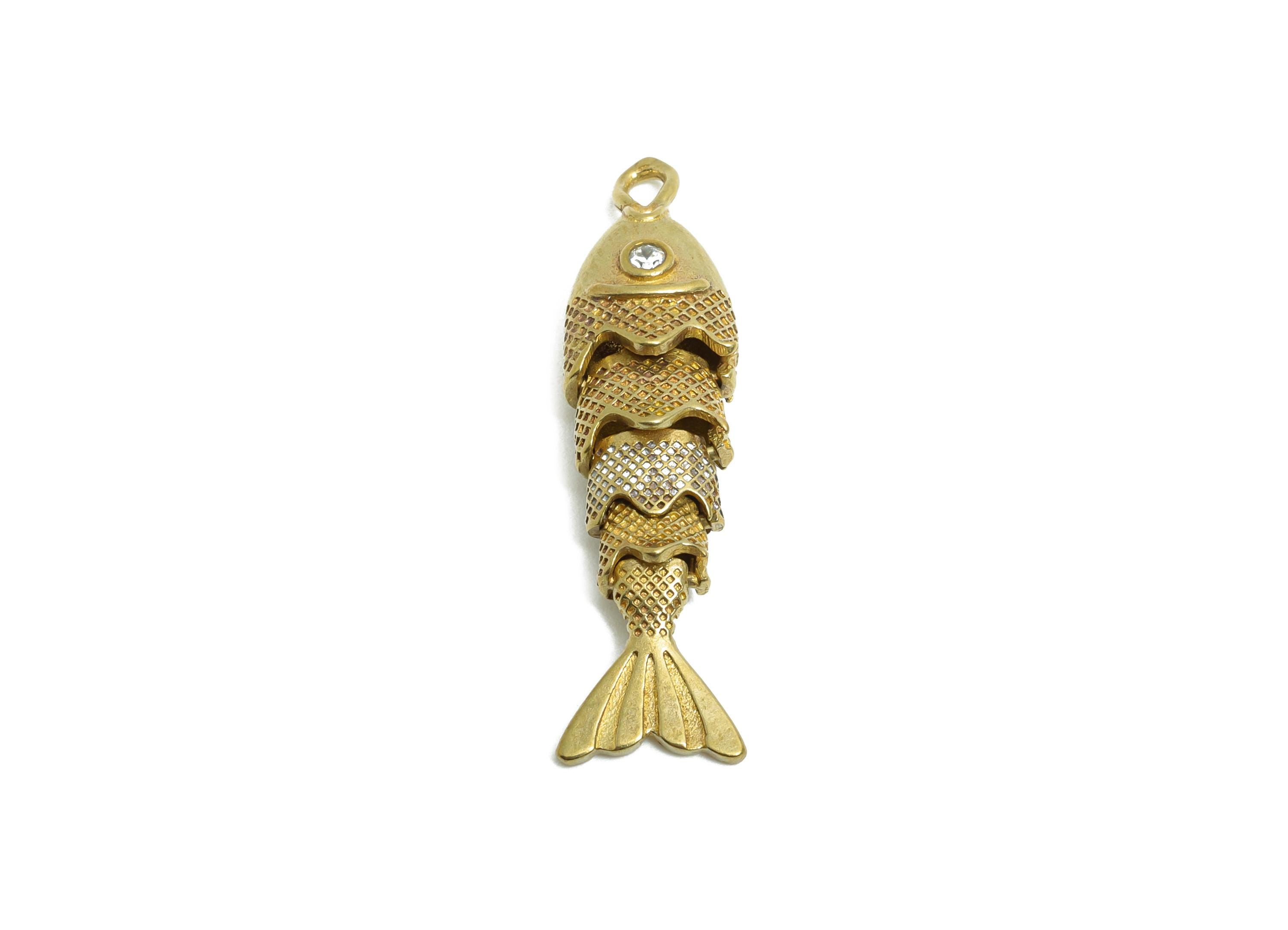Movable Articulated Fish Charm - Brass Textured Dainty Fish Charm - Cubic Zircon Sparking Articulated Fish Earring Charm - 32x8x6mm -PP11115 - DOMEDBAZAAR