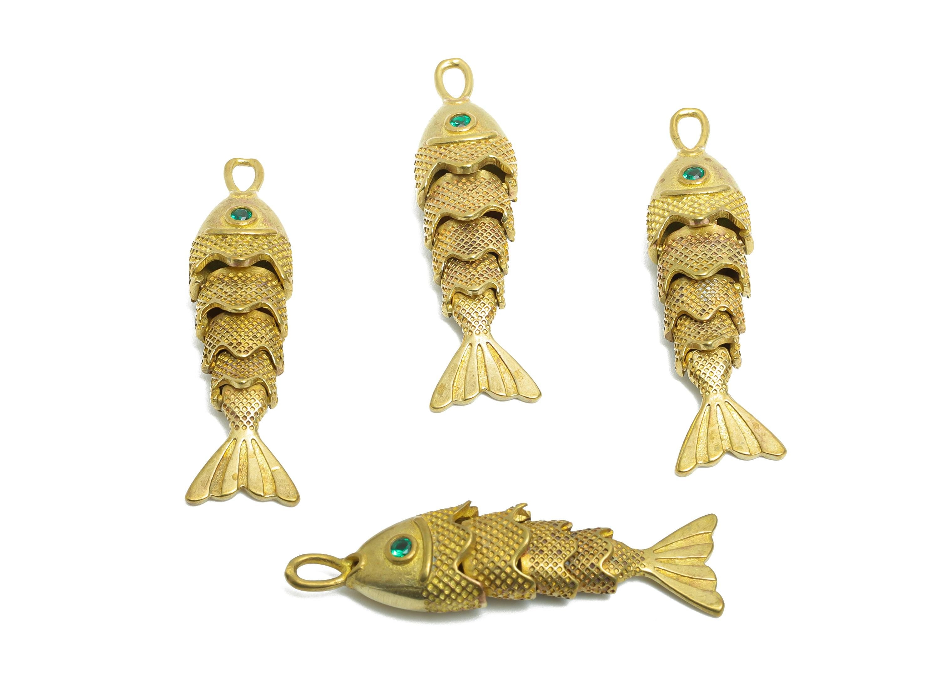 Movable Articulated Fish Charm - Brass Textured Dainty Fish Charm - Cubic Zircon Orange Articulated Fish Earring Charm - 32x8x6mm - PP11116 - DOMEDBAZAAR