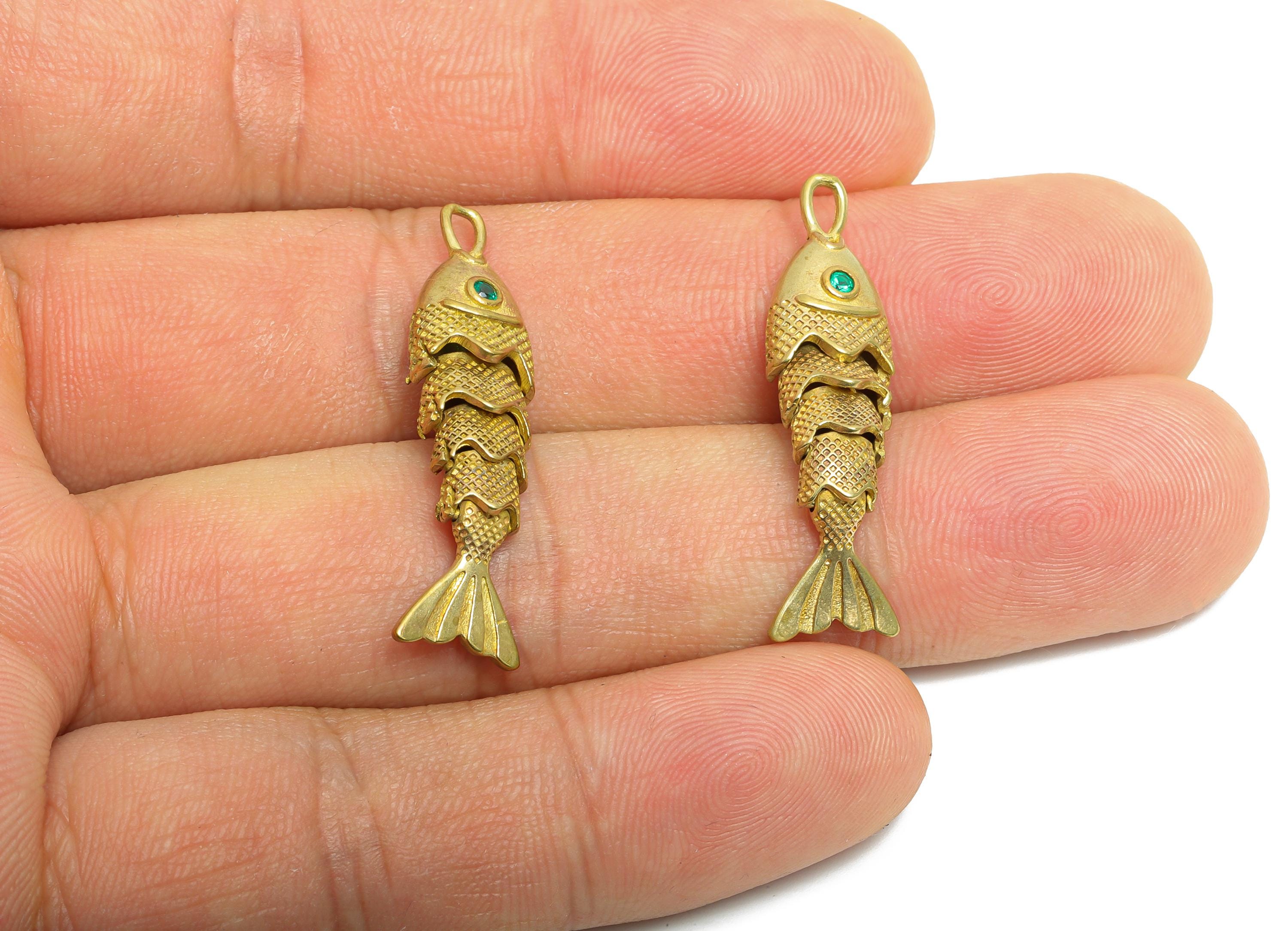 Movable Articulated Fish Charm - Brass Textured Dainty Fish Charm - Cubic Zircon Orange Articulated Fish Earring Charm - 32x8x6mm - PP11116 - DOMEDBAZAAR