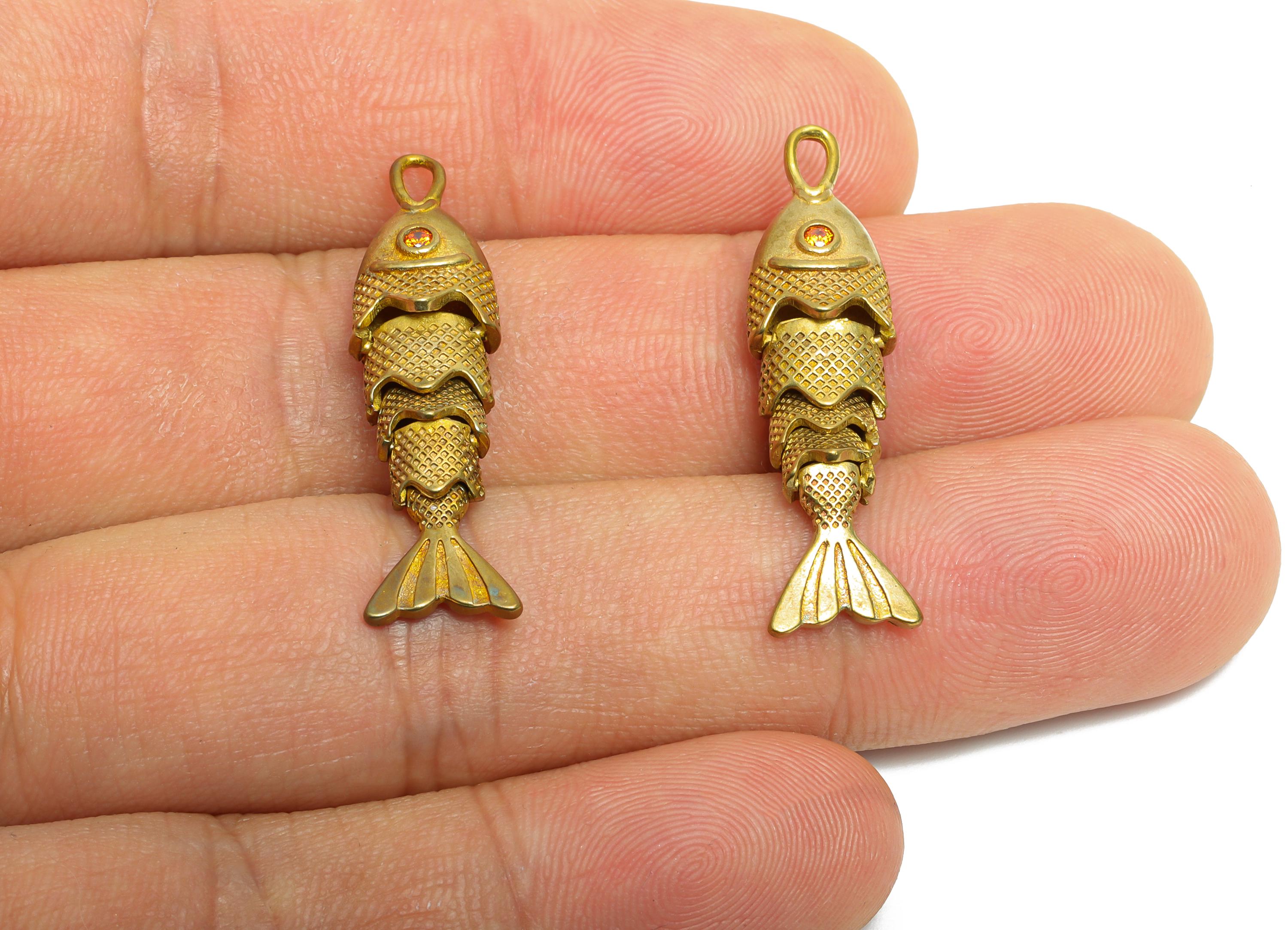 Movable Articulated Fish Charm - Brass Textured Dainty Fish Charm - Cubic Zircon Sparking Articulated Fish Earring Charm - 32x8x6mm -PP11117 - DOMEDBAZAAR