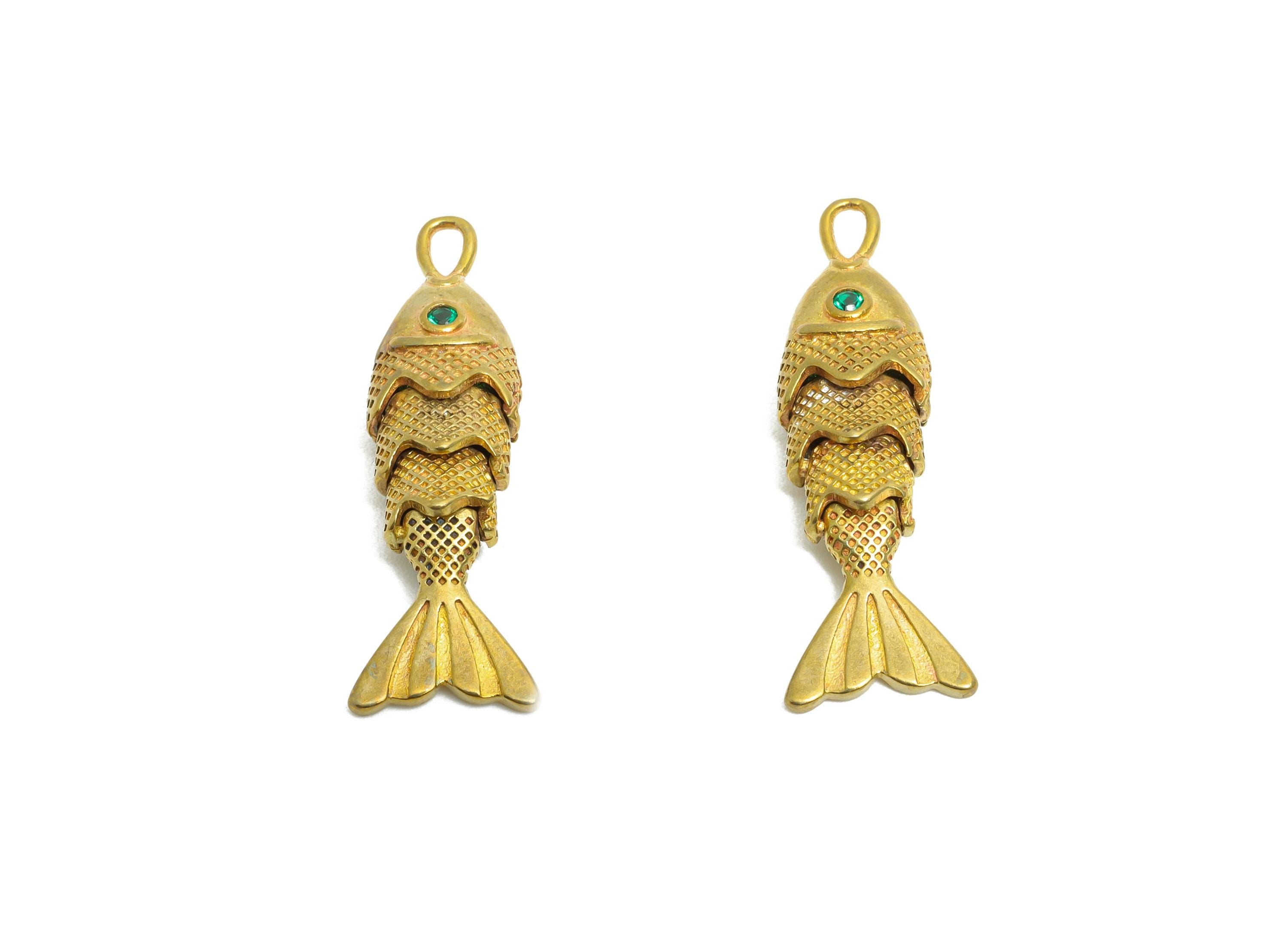 3D Movable Articulated Fish Charm - Brass Textured Dainty Marine Pendant - Cubic Zircon Sparking Articulated Earring Charm -26x9x5mm-PP11113 - DOMEDBAZAAR