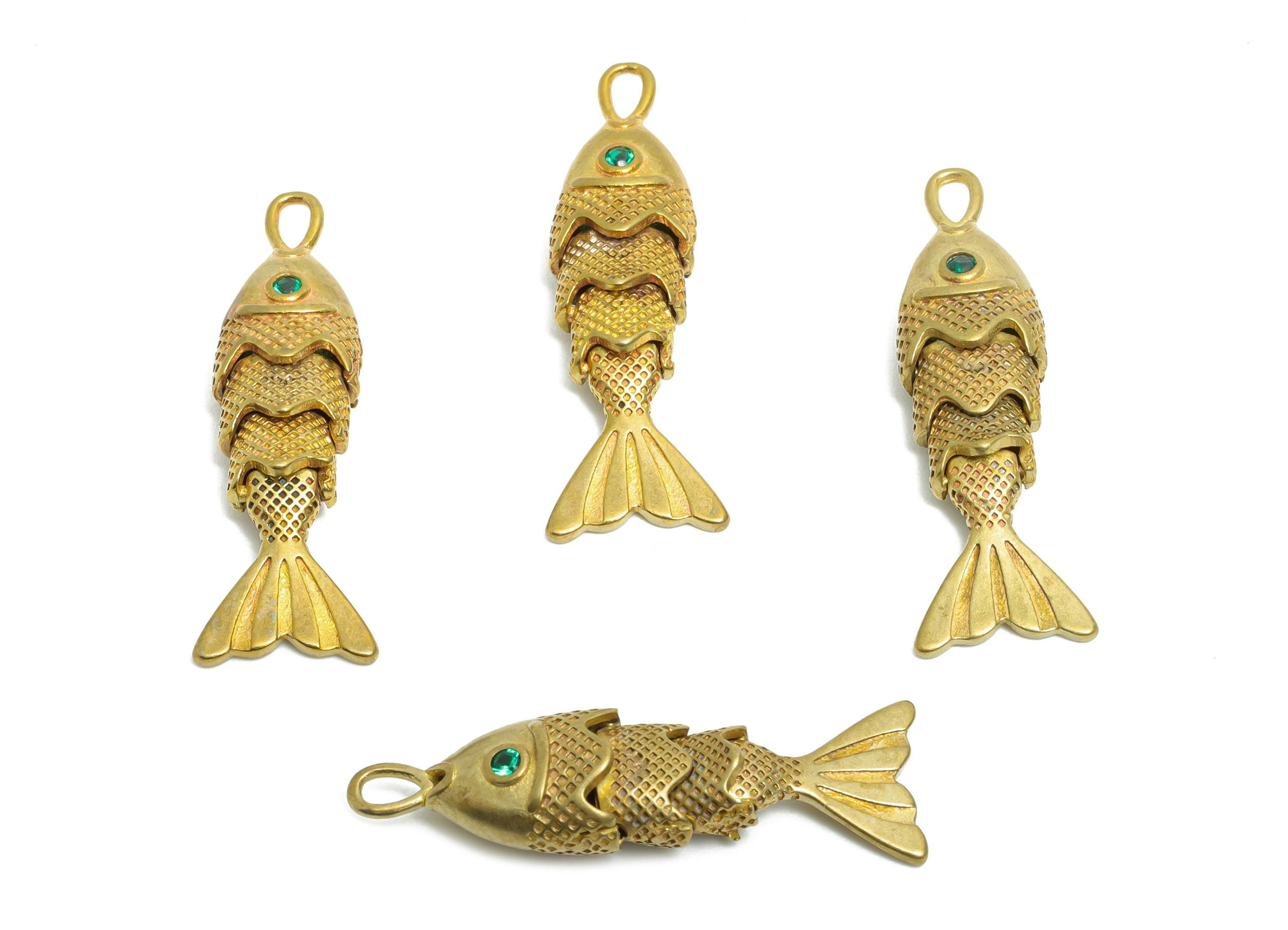 3D Movable Articulated Fish Charm - Brass Textured Dainty Marine Pendant - Cubic Zircon Sparking Articulated Earring Charm -26x9x5mm-PP11113 - DOMEDBAZAAR