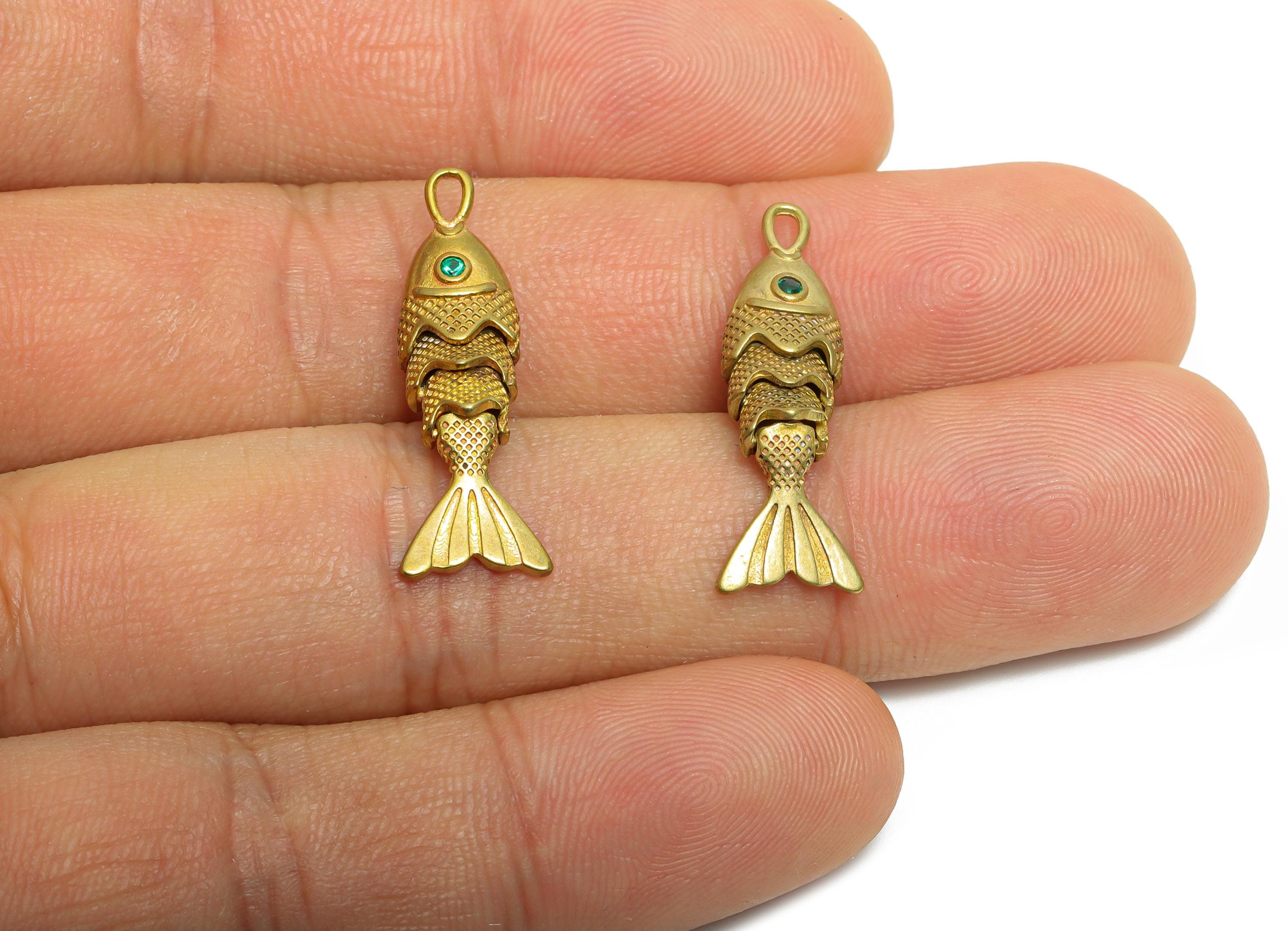 3D Movable Articulated Fish Charm - Brass Textured Dainty Marine Pendant - Cubic Zircon Sparking Articulated Earring Charm -26x9x5mm-PP11113 - DOMEDBAZAAR