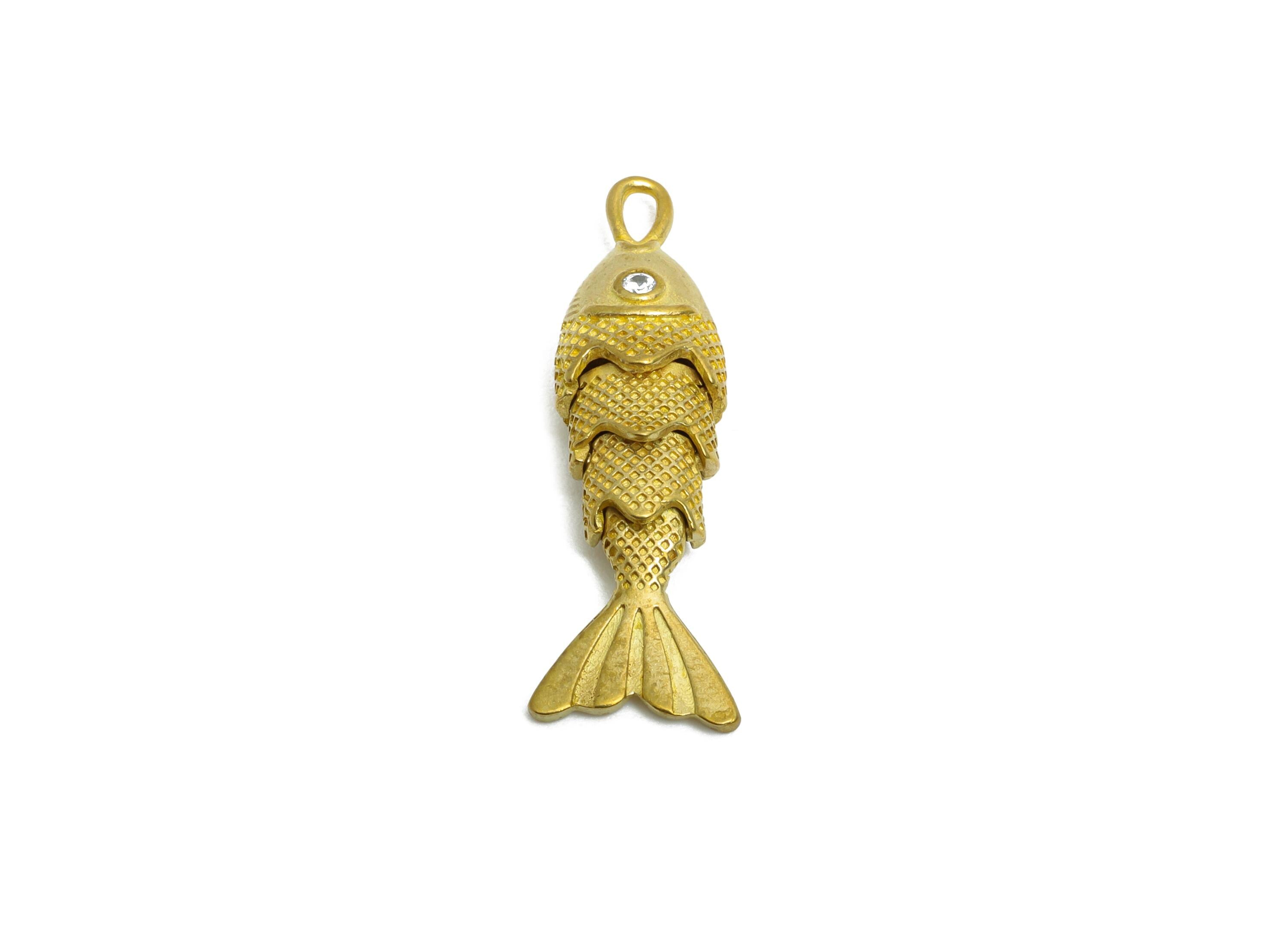 Movable Articulated Fish Charm - Brass Textured Dainty Marine Pendant - Brass Cubic Zircon Articulated Fish Earring Charm - 26x9x5mm-PP11112 - DOMEDBAZAAR