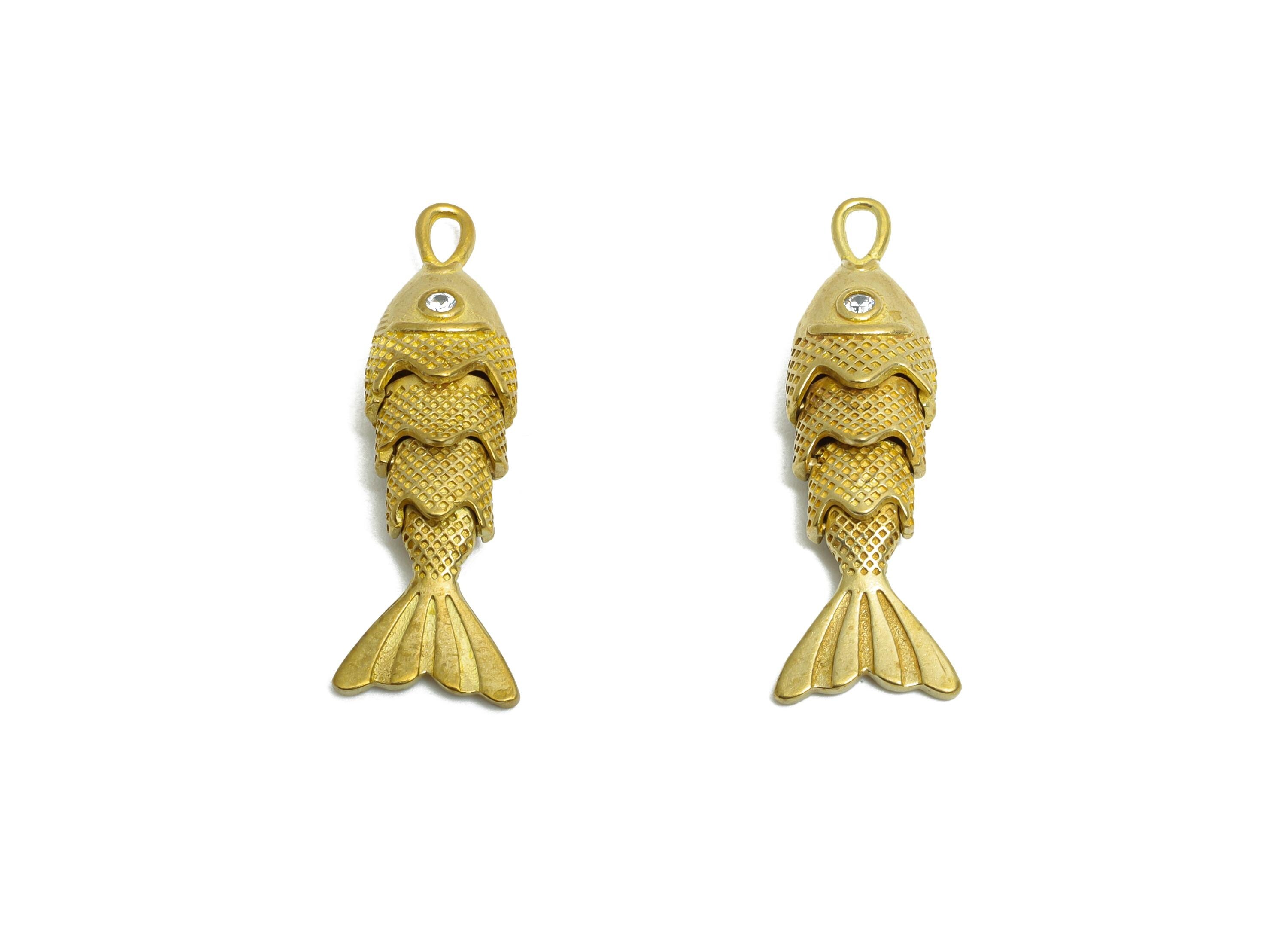 Movable Articulated Fish Charm - Brass Textured Dainty Marine Pendant - Brass Cubic Zircon Articulated Fish Earring Charm - 26x9x5mm-PP11112 - DOMEDBAZAAR