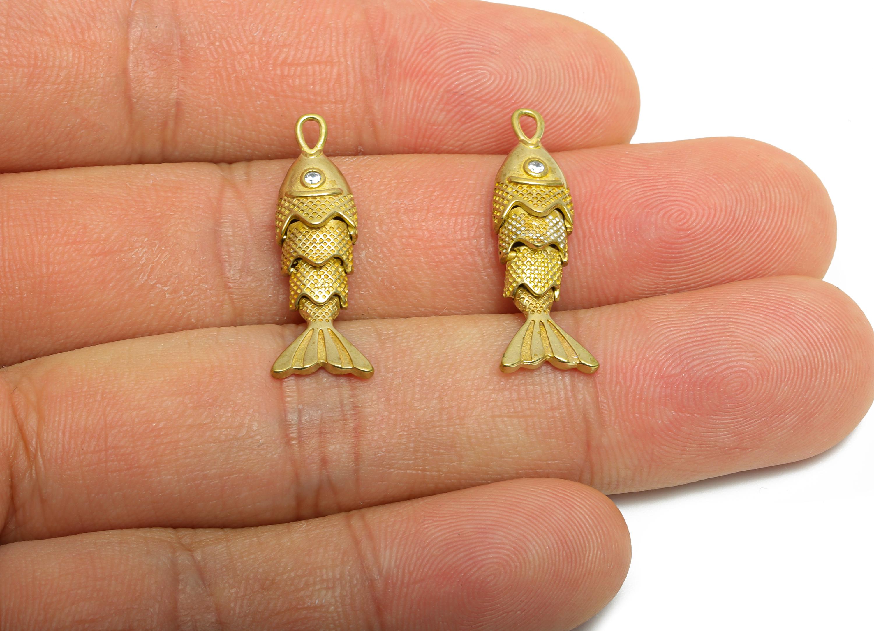 Movable Articulated Fish Charm - Brass Textured Dainty Marine Pendant - Brass Cubic Zircon Articulated Fish Earring Charm - 26x9x5mm-PP11112 - DOMEDBAZAAR