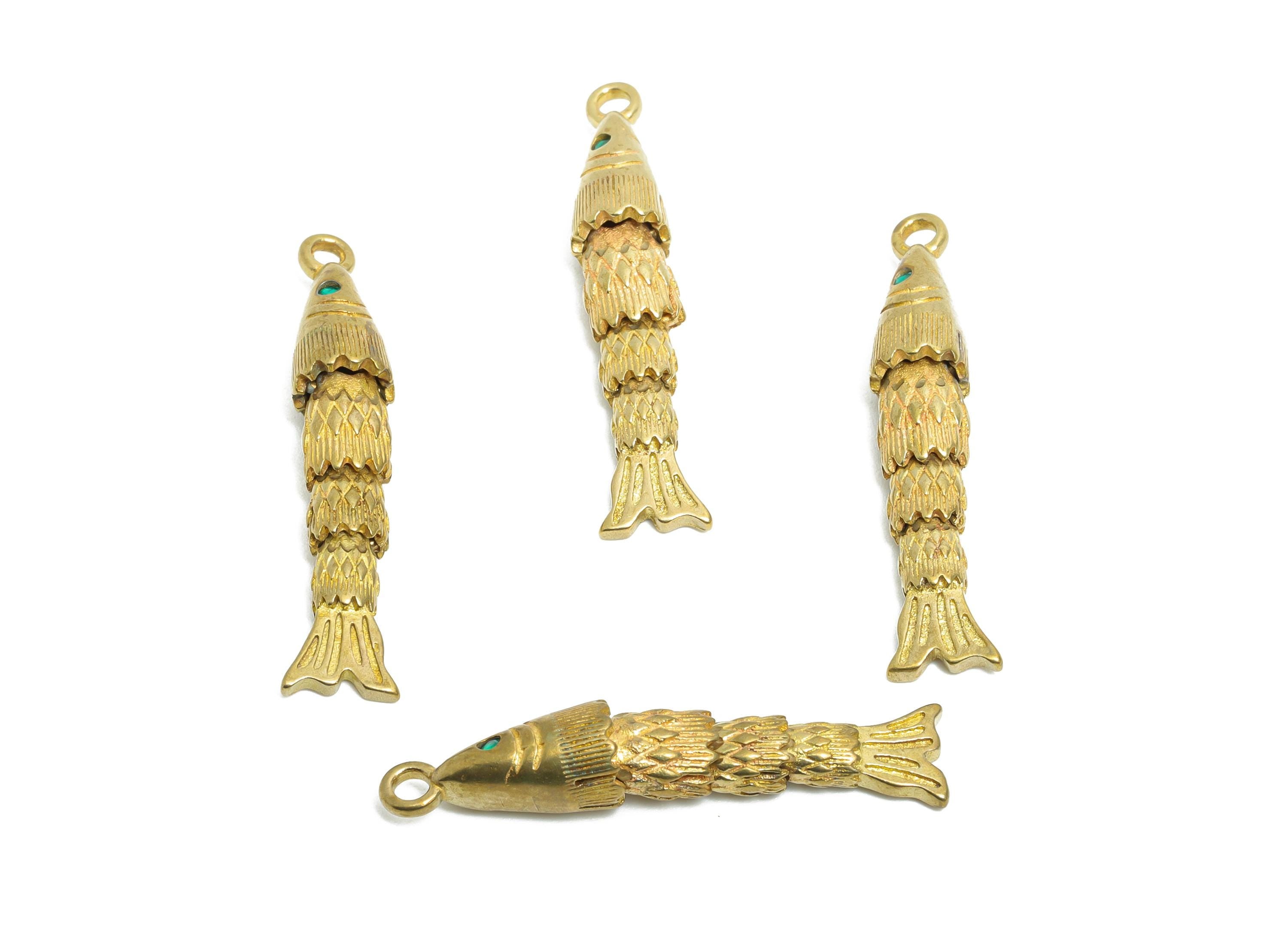 Movable Articulated Fish Charm - Brass Textured Dangle Marine Pendant - Cubic Zircon Sparking Articulated Earring Charm - 30x5x5mm -PP11121 - DOMEDBAZAAR