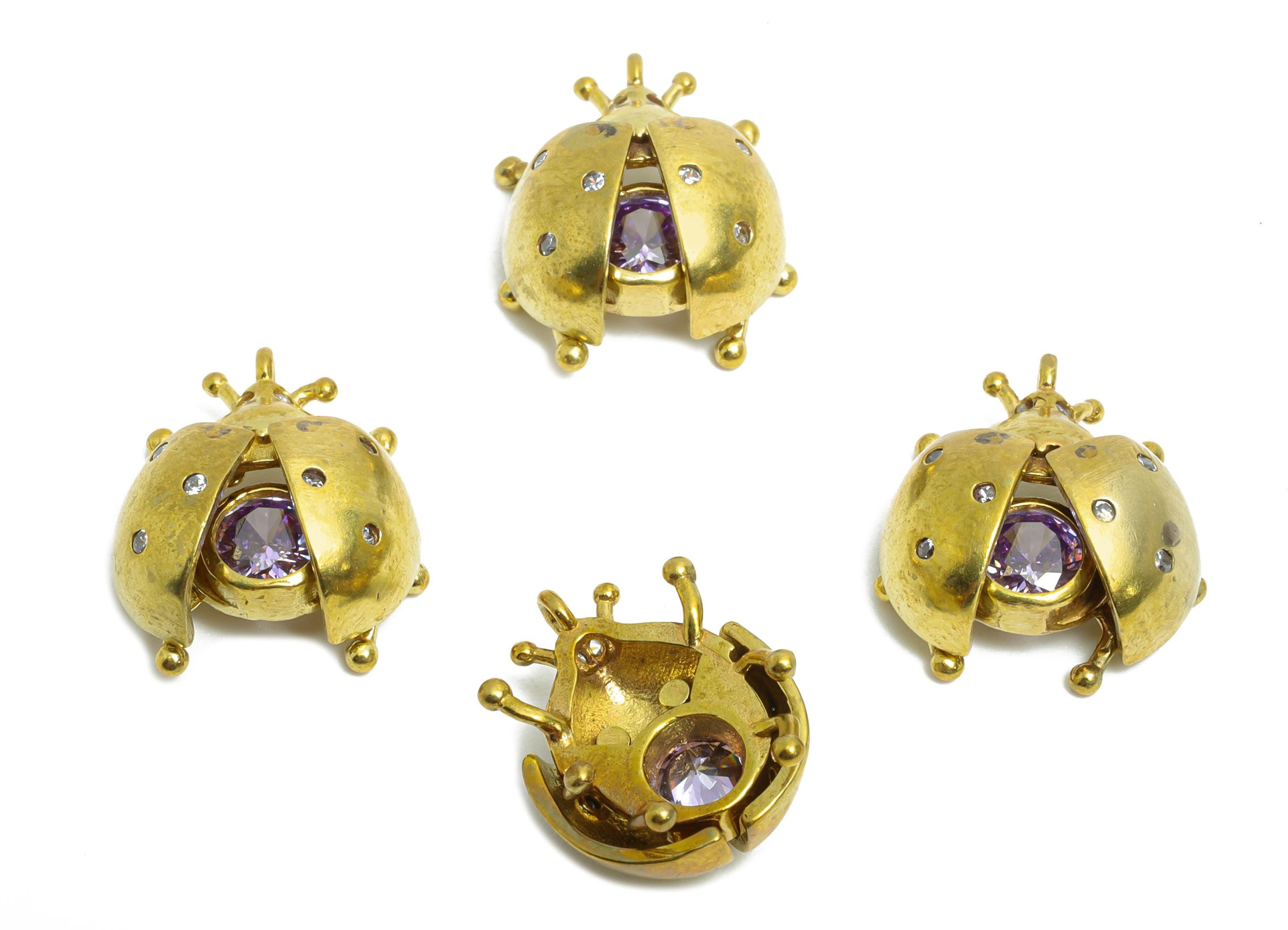 Brass Beetle Earring Charm - Brass Openable Beetle Pendant - Cubic Zircon Sparking Charm - Purple Hollow Ladybug Pendant - 14x12x6mm-PP11095 - DOMEDBAZAAR