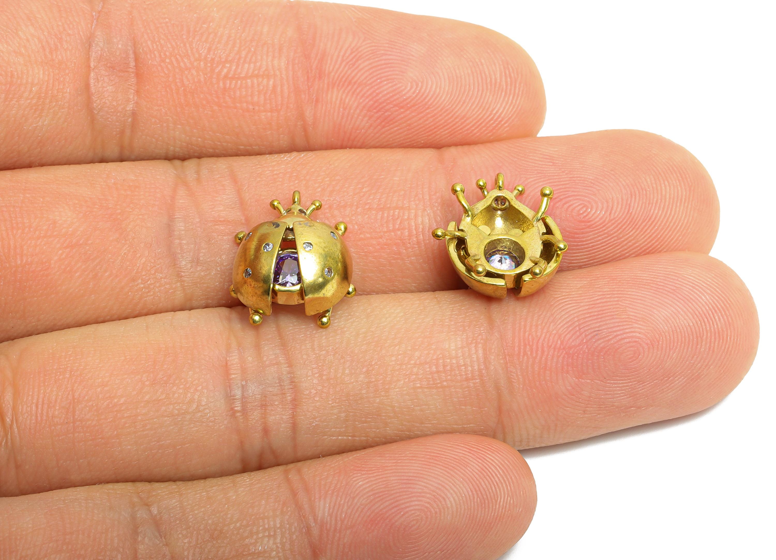 Brass Beetle Earring Charm - Brass Openable Beetle Pendant - Cubic Zircon Sparking Charm - Purple Hollow Ladybug Pendant - 14x12x6mm-PP11095 - DOMEDBAZAAR