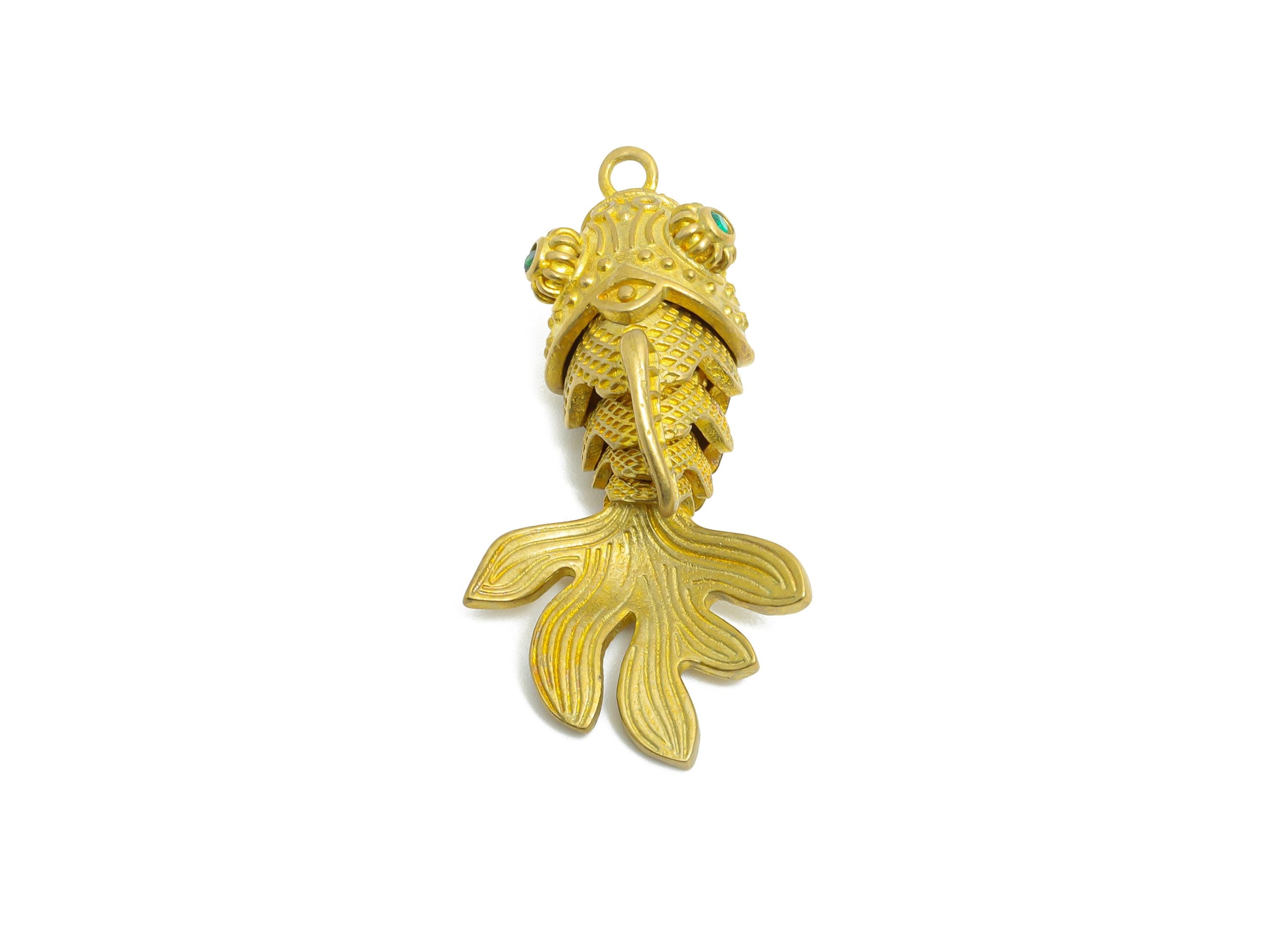 Movable Articulated Fish Charm - Brass Textured Whale Charm - Dainty Cubic Zircon Articulated Fish Marine Pendant - 36.33x17x12mm - PP11107 - DOMEDBAZAAR