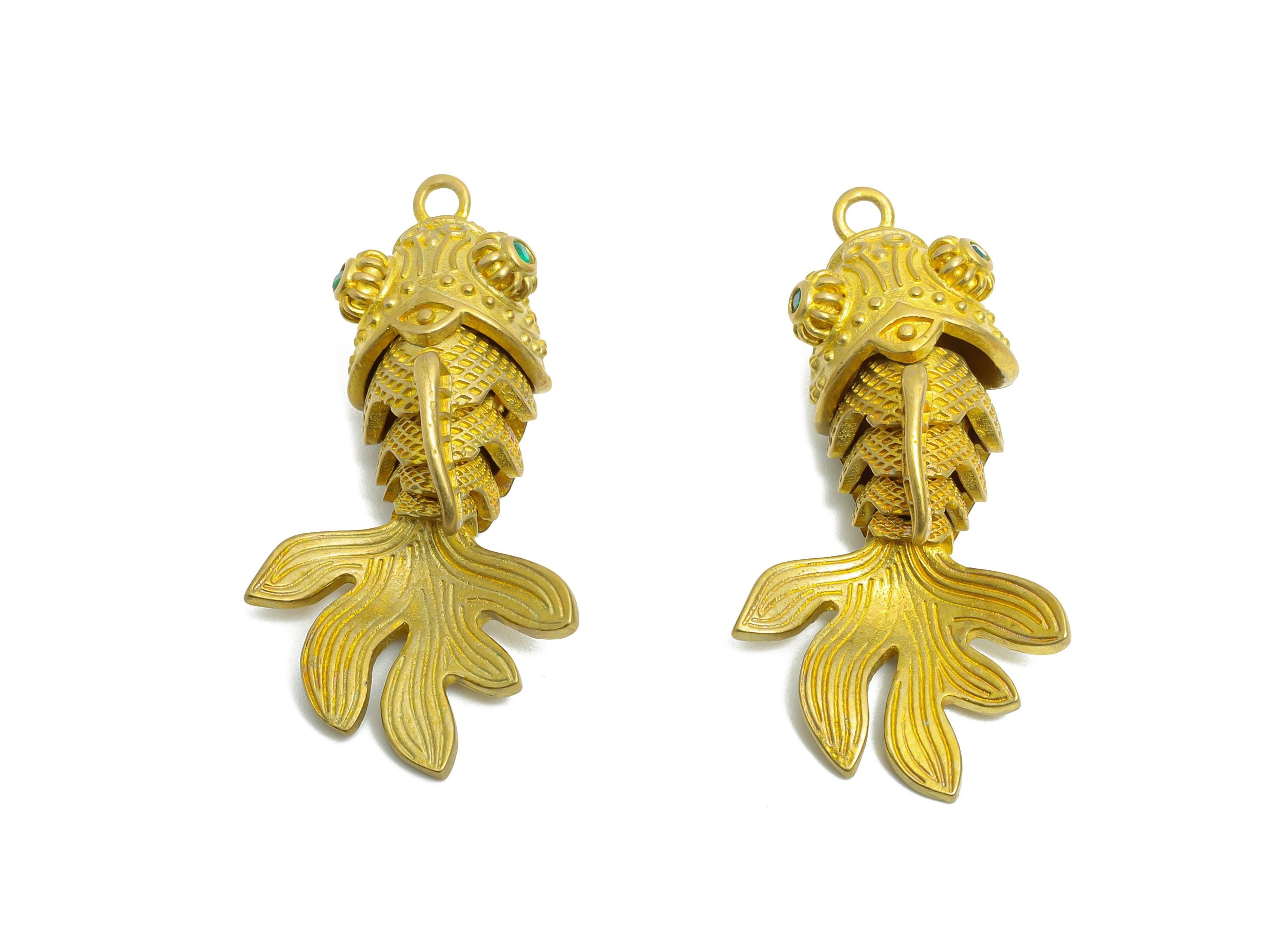 Movable Articulated Fish Charm - Brass Textured Whale Charm - Dainty Cubic Zircon Articulated Fish Marine Pendant - 36.33x17x12mm - PP11107 - DOMEDBAZAAR