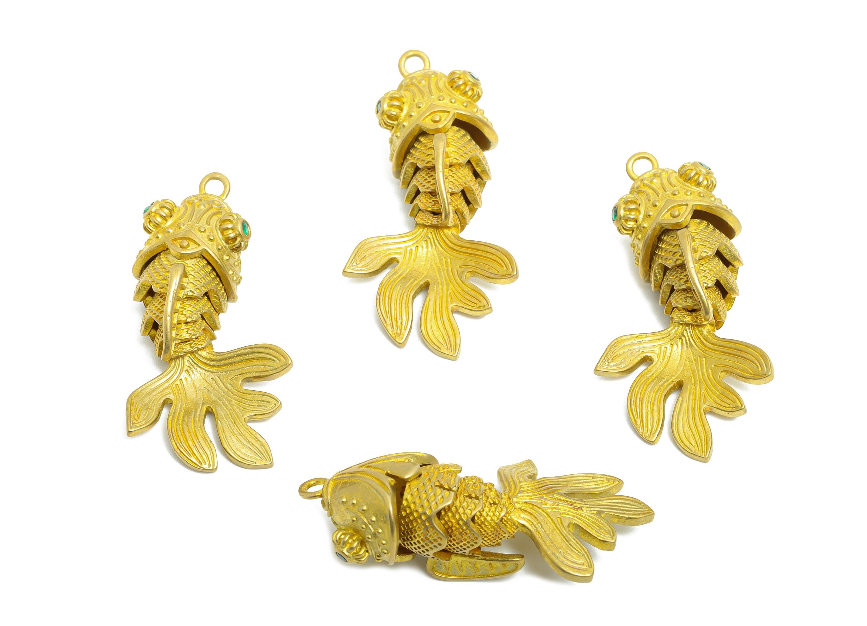 Movable Articulated Fish Charm - Brass Textured Whale Charm - Dainty Cubic Zircon Articulated Fish Marine Pendant - 36.33x17x12mm - PP11107 - DOMEDBAZAAR