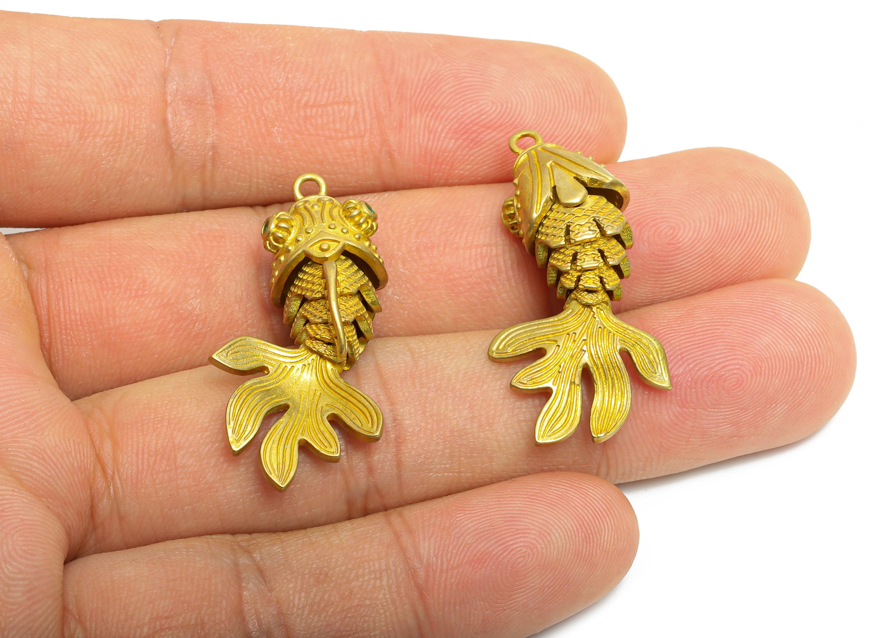 Movable Articulated Fish Charm - Brass Textured Whale Charm - Dainty Cubic Zircon Articulated Fish Marine Pendant - 36.33x17x12mm - PP11107 - DOMEDBAZAAR