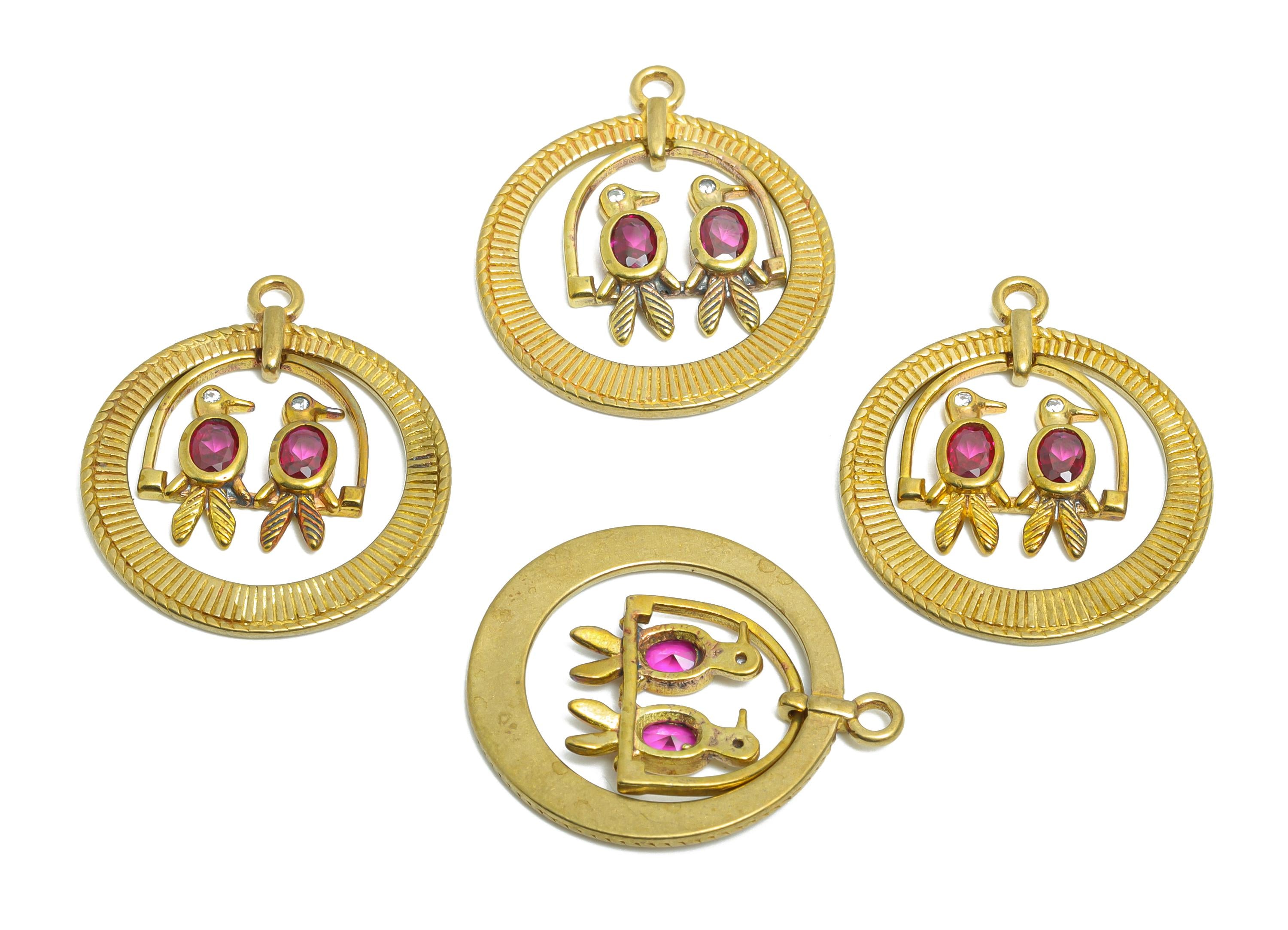 Perching Bird Pendant with Gemstones - Brass Textured Bird Charm - Vintage Zircon Circular Red Stone Pendant  - 25x21x2.4mm - PP11097 - DOMEDBAZAAR